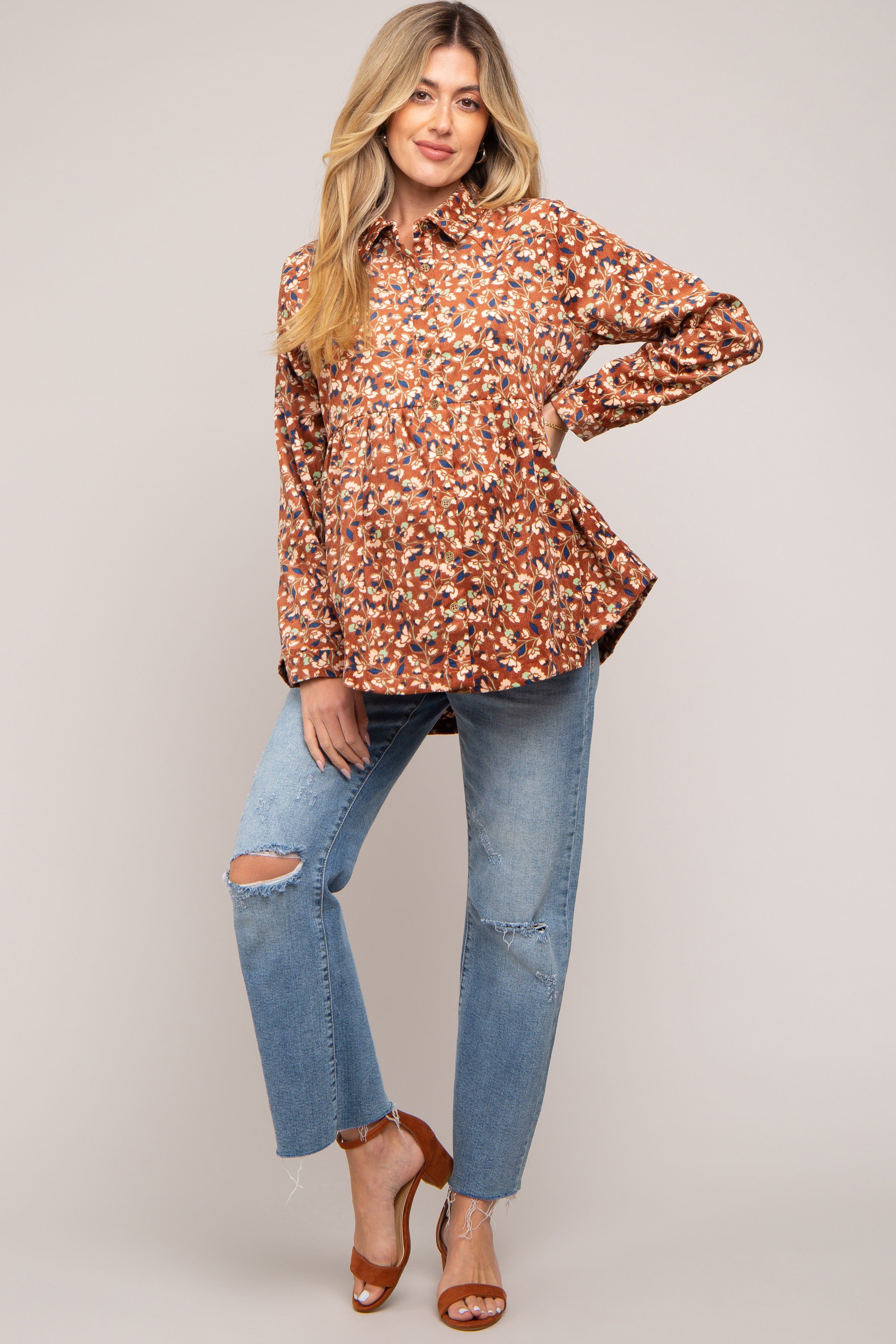 Brown Floral Corduroy Button Up Maternity Top sold by Pinkblush product image thumbnail 4