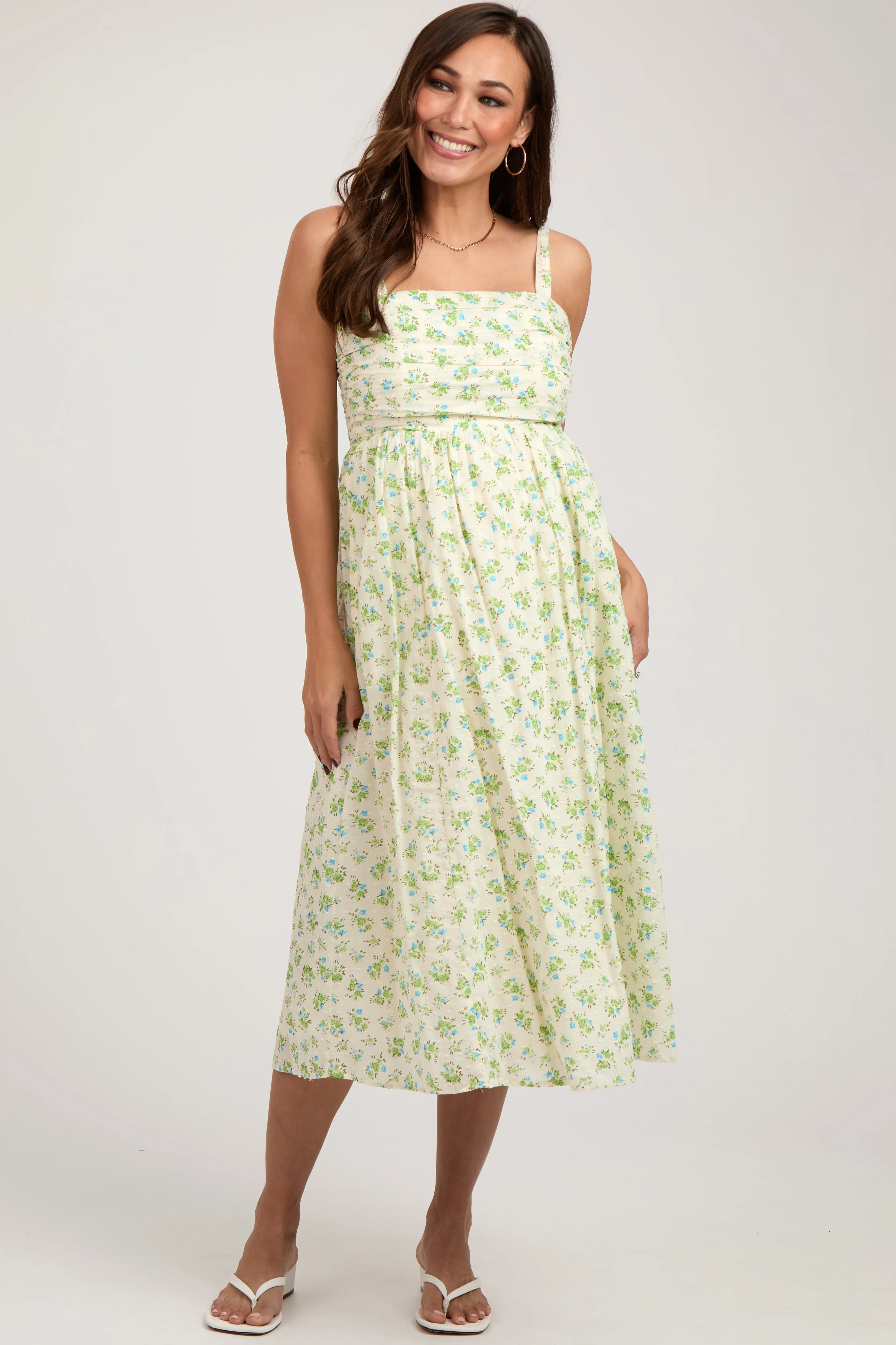 Blue Floral Textured Dot Square Neck Maternity Midi Dress sold by Pinkblush