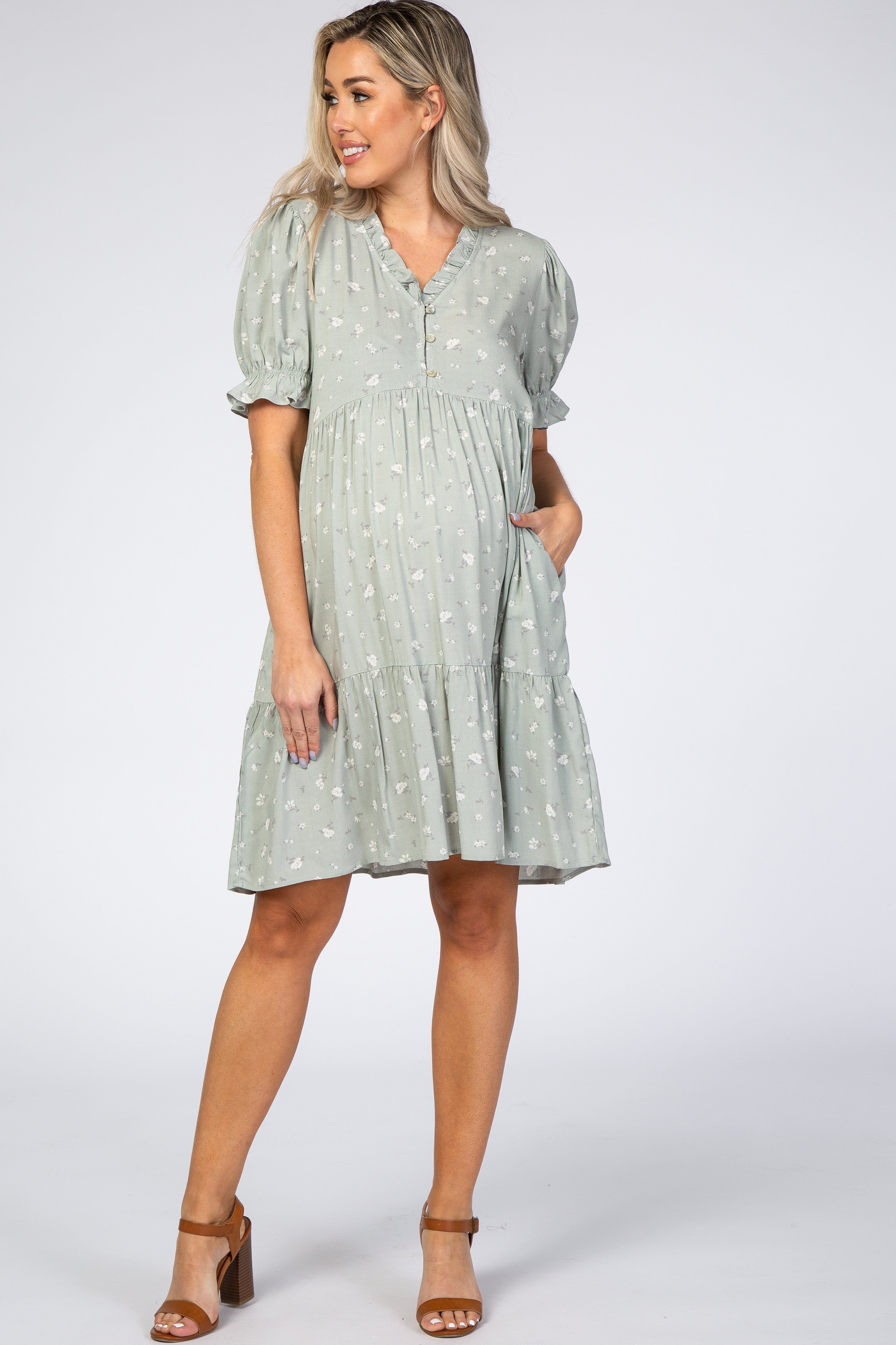 Mint Floral Tiered Maternity Dress sold by Pinkblush