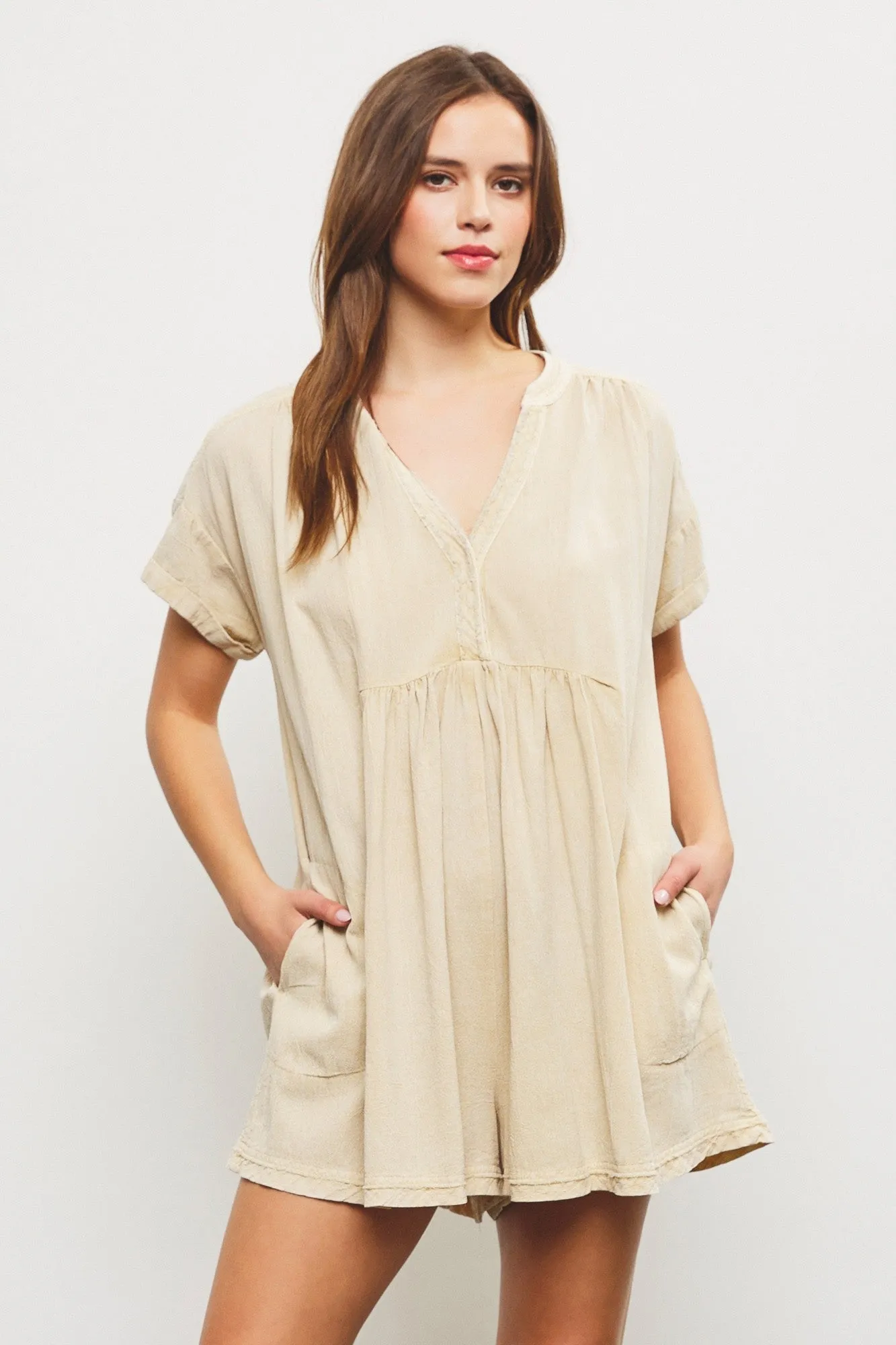 Taupe Cuffed Sleeve Romper sold by Pinkblush product image thumbnail 2