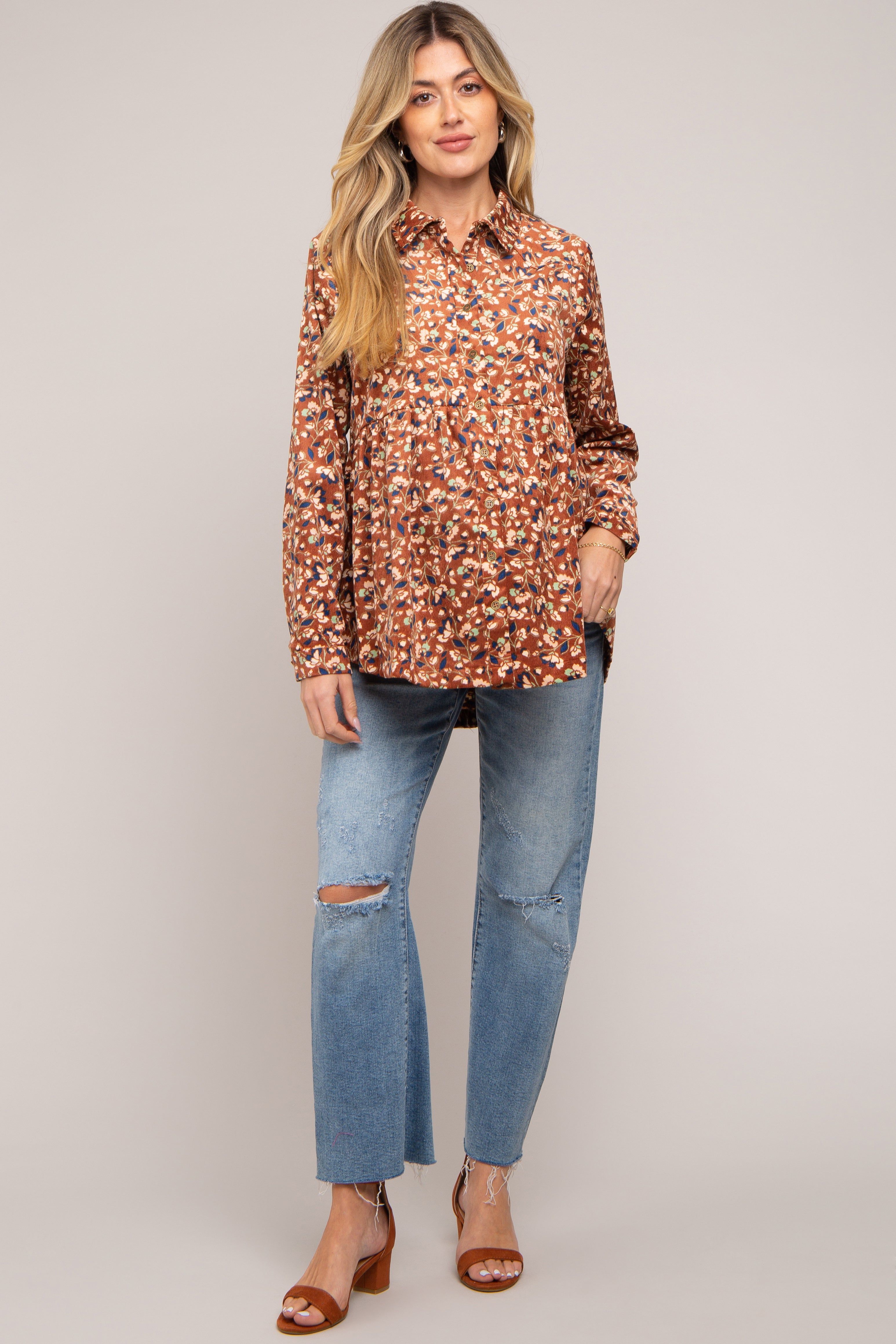 Brown Floral Corduroy Button Up Maternity Top sold by Pinkblush product image thumbnail 5