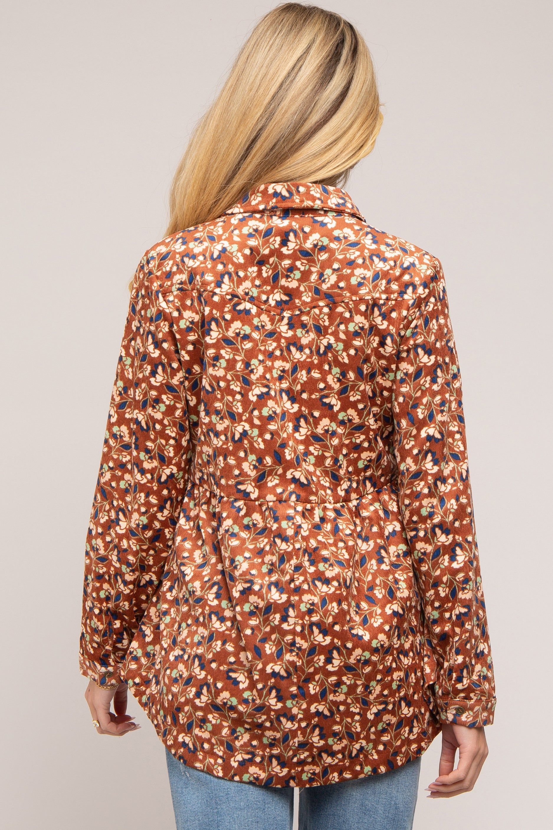 Brown Floral Corduroy Button Up Maternity Top sold by Pinkblush product image thumbnail 3