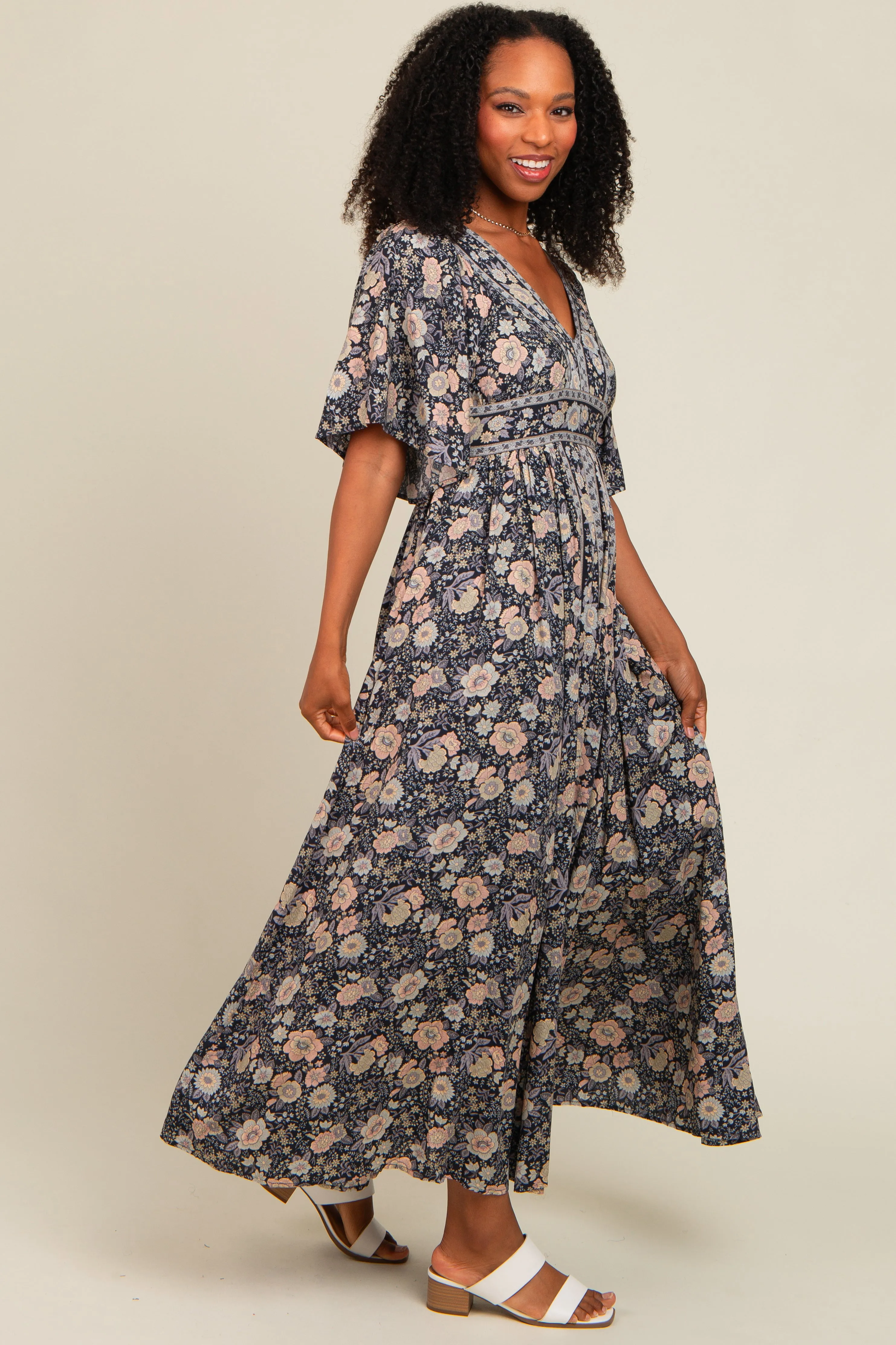 Navy Blue Floral Border Print Flutter Sleeve Maxi Dress sold by Pinkblush product image thumbnail 2
