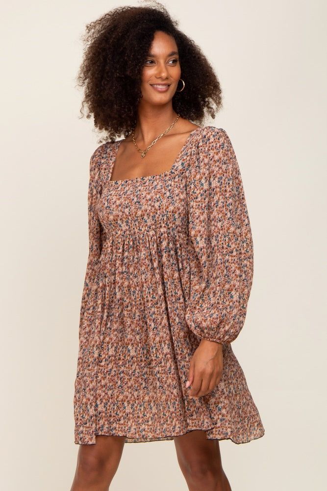Mocha Floral Pleated Dress sold by Pinkblush