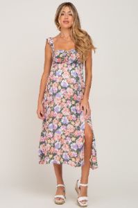 Forest Green Multi-Colored Floral Smocked Maternity Midi Dress sold by Pinkblush