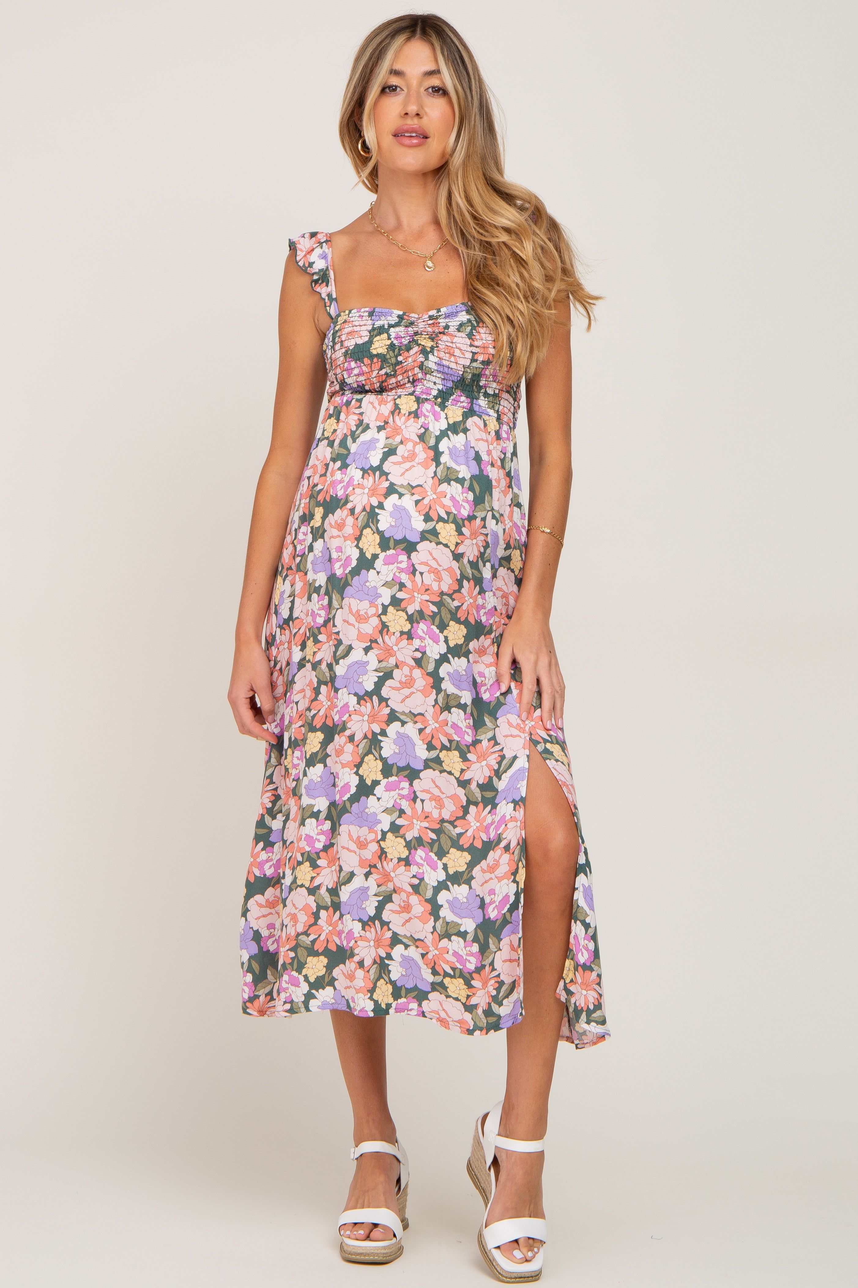 Forest Green Multi-Colored Floral Smocked Maternity Midi Dress sold by Pinkblush product image thumbnail 5