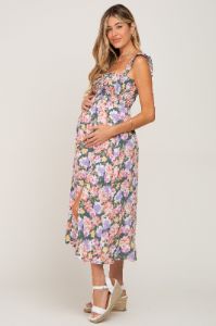Forest Green Multi-Colored Floral Smocked Maternity Midi Dress sold by Pinkblush