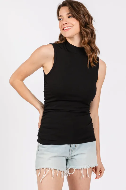 Black Ribbed Mock Neck Ruched Side Sleeveless Top sold by Pinkblush