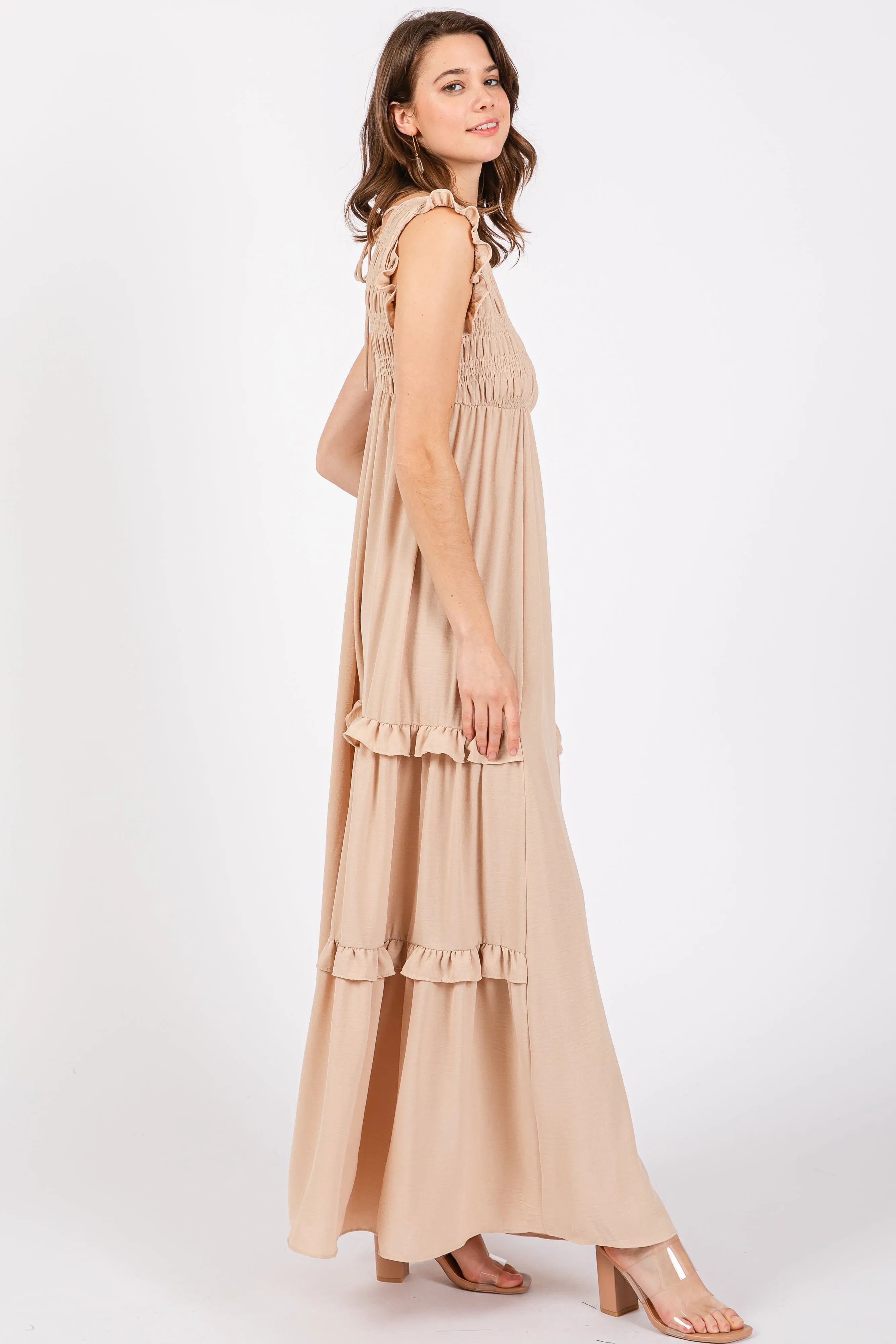 Beige Smocked Ruffle V-Neck Maxi Dress sold by Pinkblush product image thumbnail 2