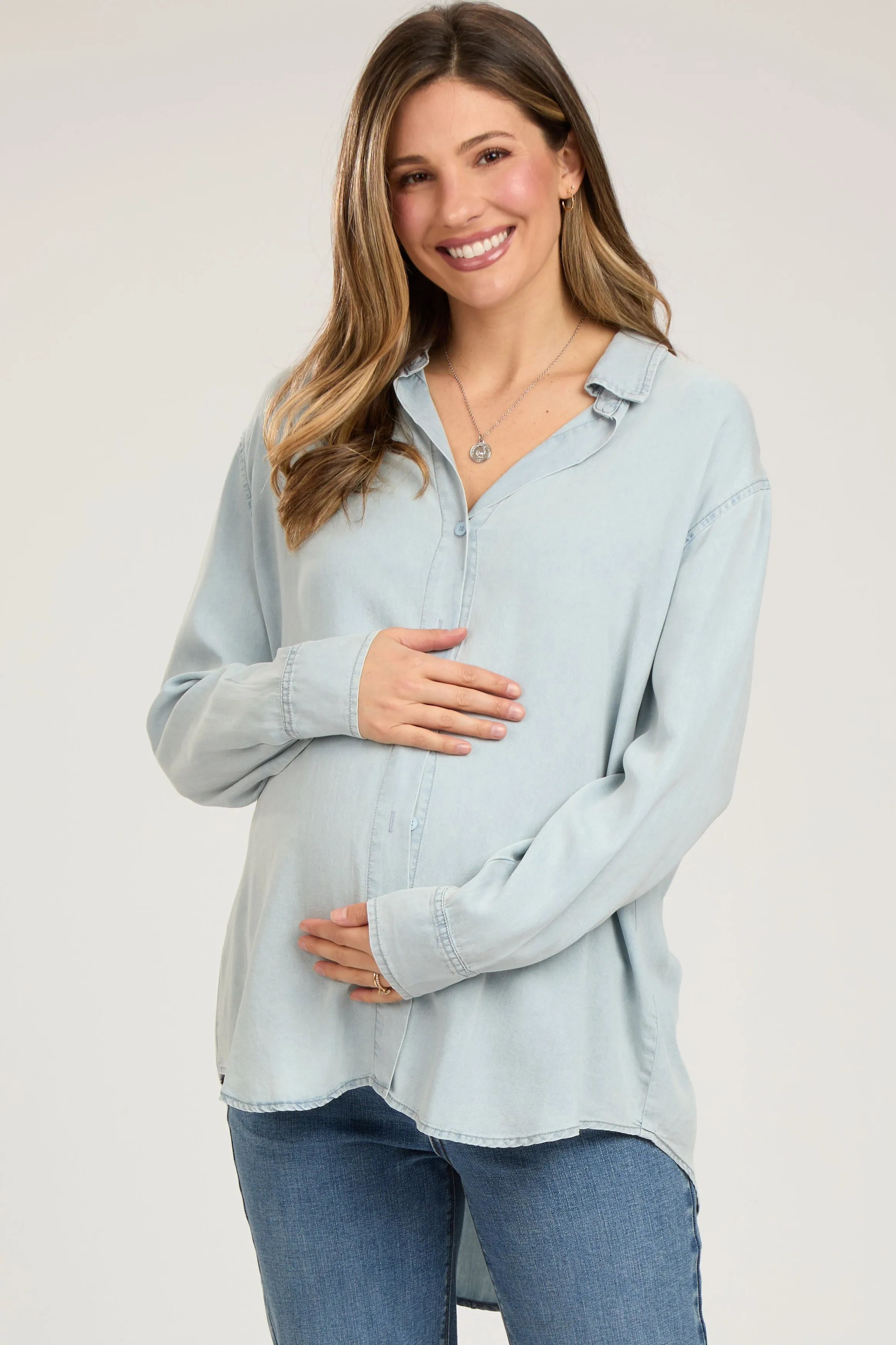 Light Blue Denim Button Up Maternity Top sold by Pinkblush product image thumbnail 2