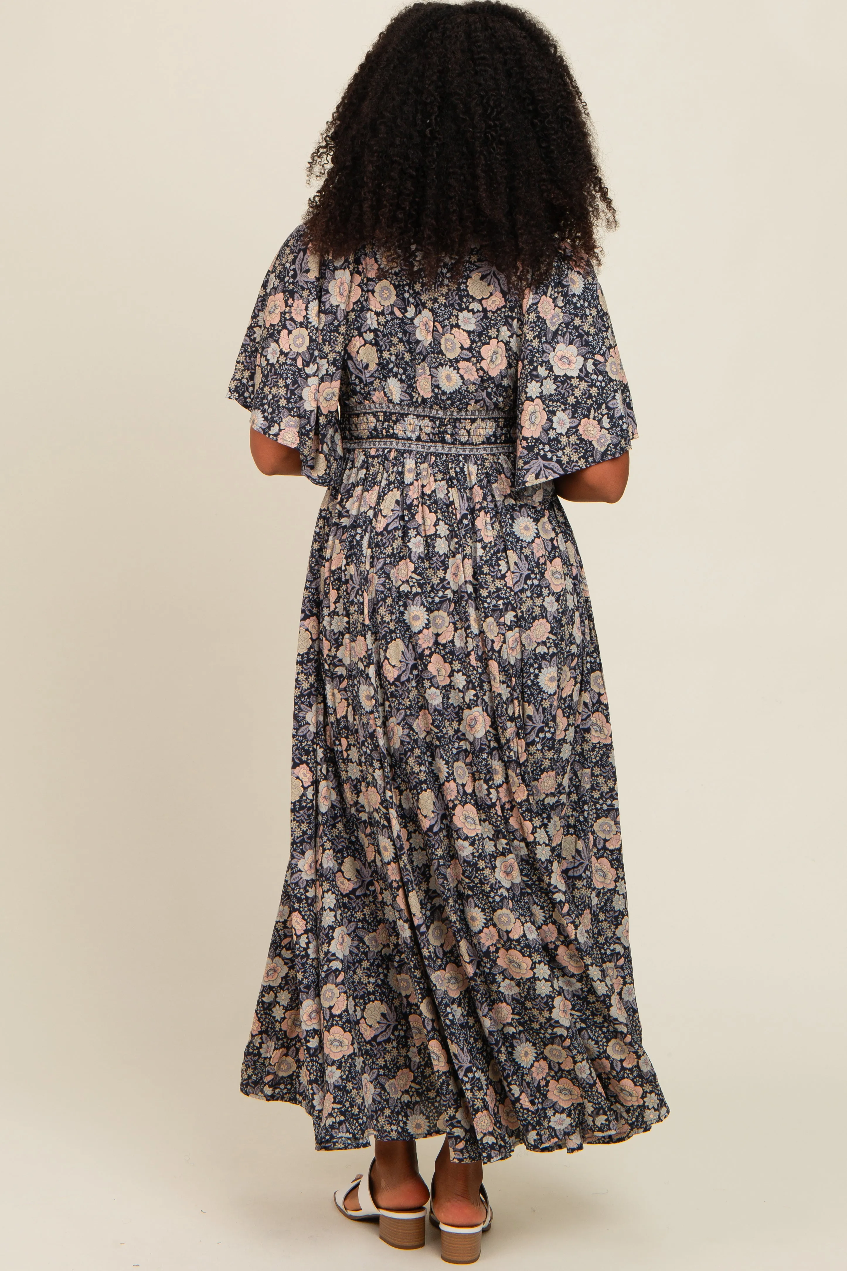 Navy Blue Floral Border Print Flutter Sleeve Maxi Dress sold by Pinkblush product image thumbnail 3