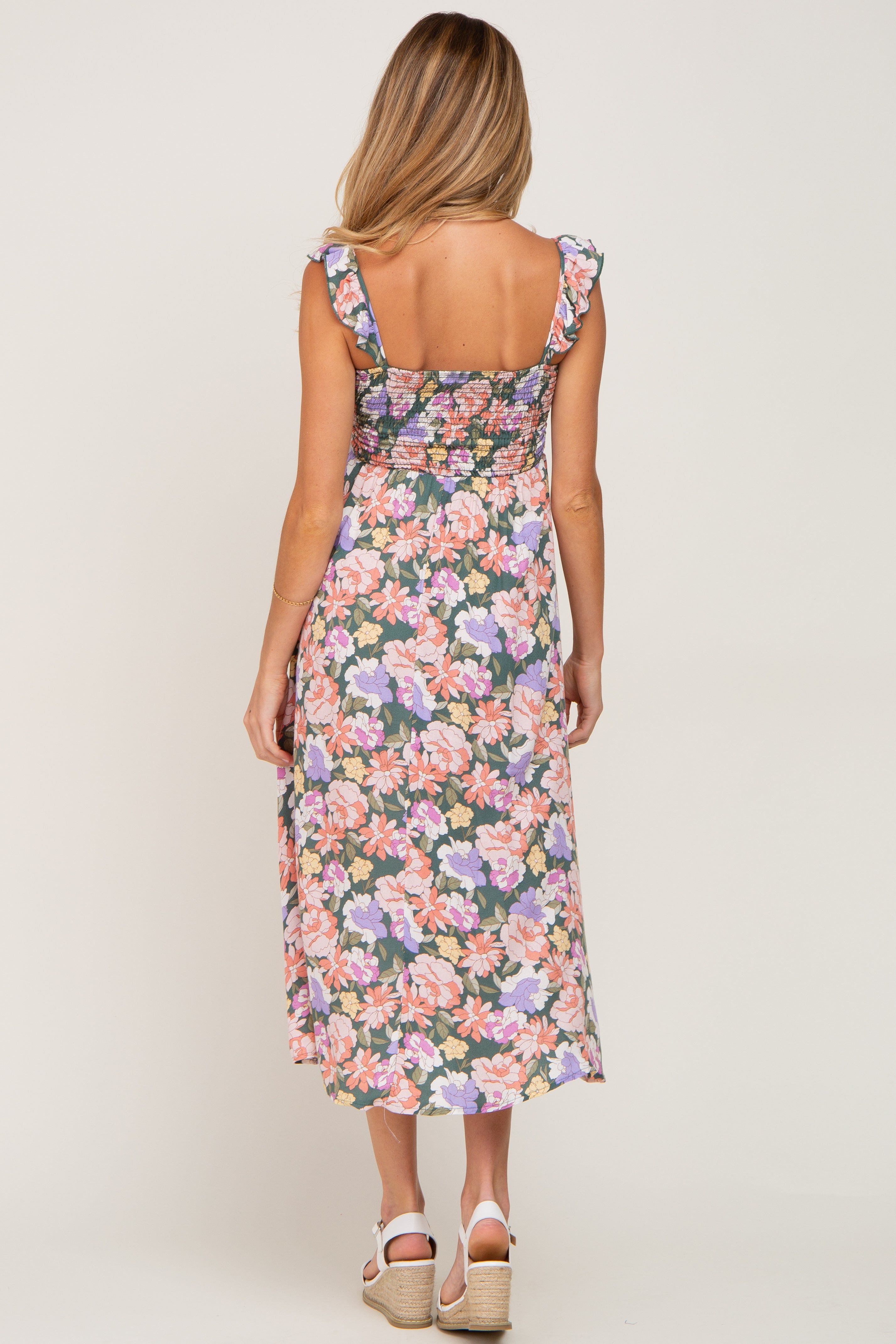 Forest Green Multi-Colored Floral Smocked Maternity Midi Dress sold by Pinkblush product image thumbnail 3