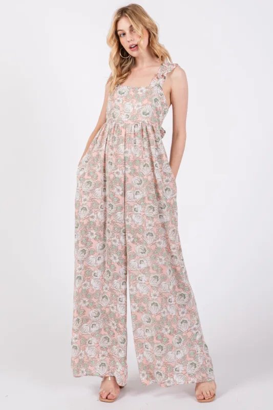 Light Pink Floral Sleeveless Tie Back Jumpsuit sold by Pinkblush