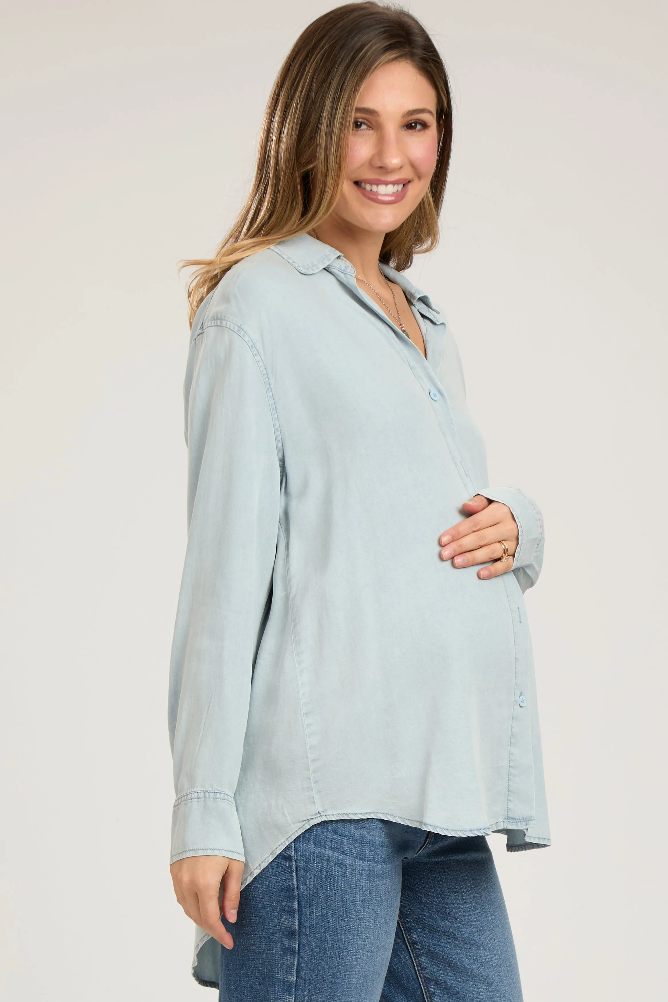 Light Blue Denim Button Up Maternity Top sold by Pinkblush product image thumbnail 3