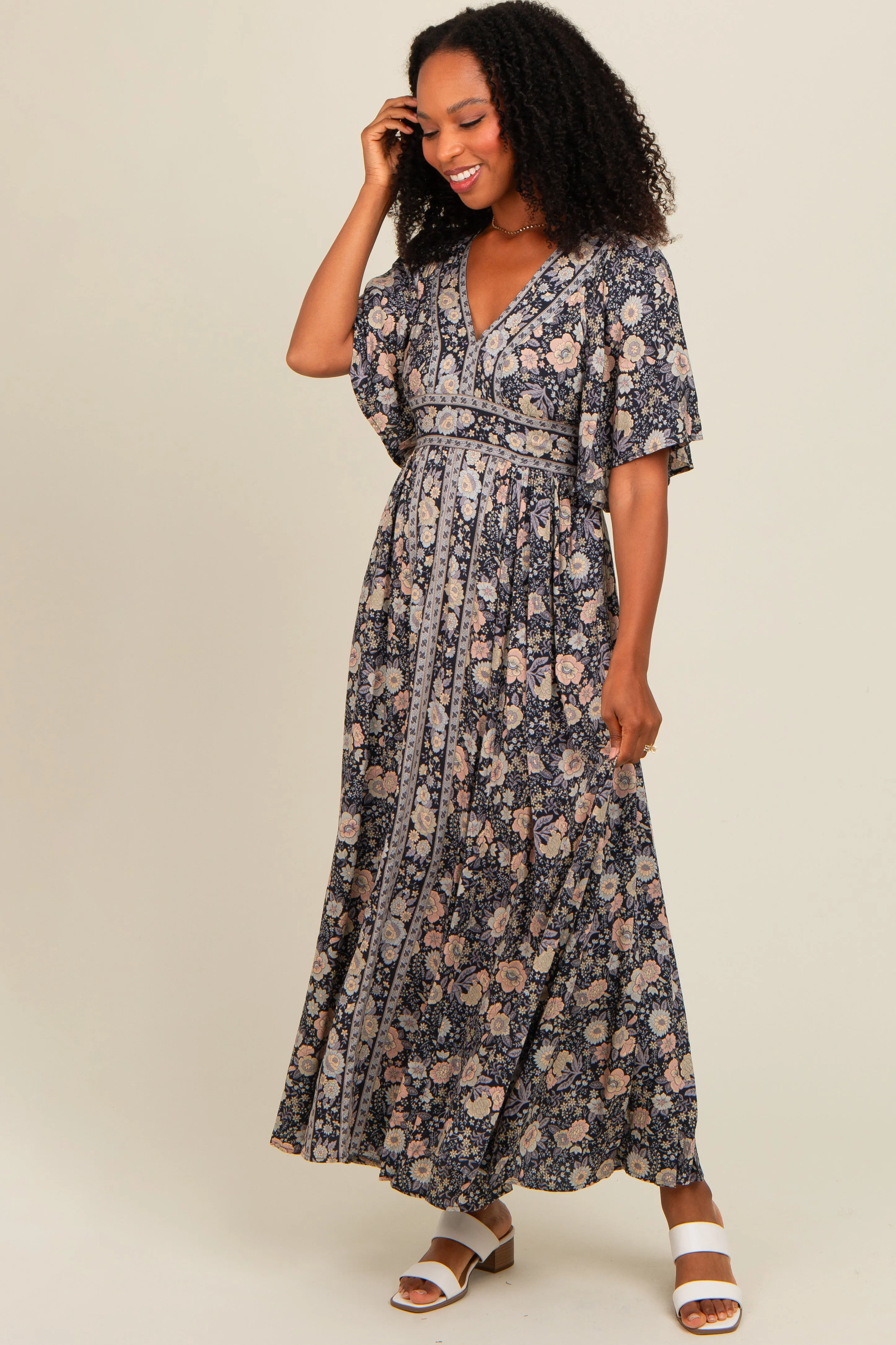 Navy Blue Floral Border Print Flutter Sleeve Maxi Dress sold by Pinkblush