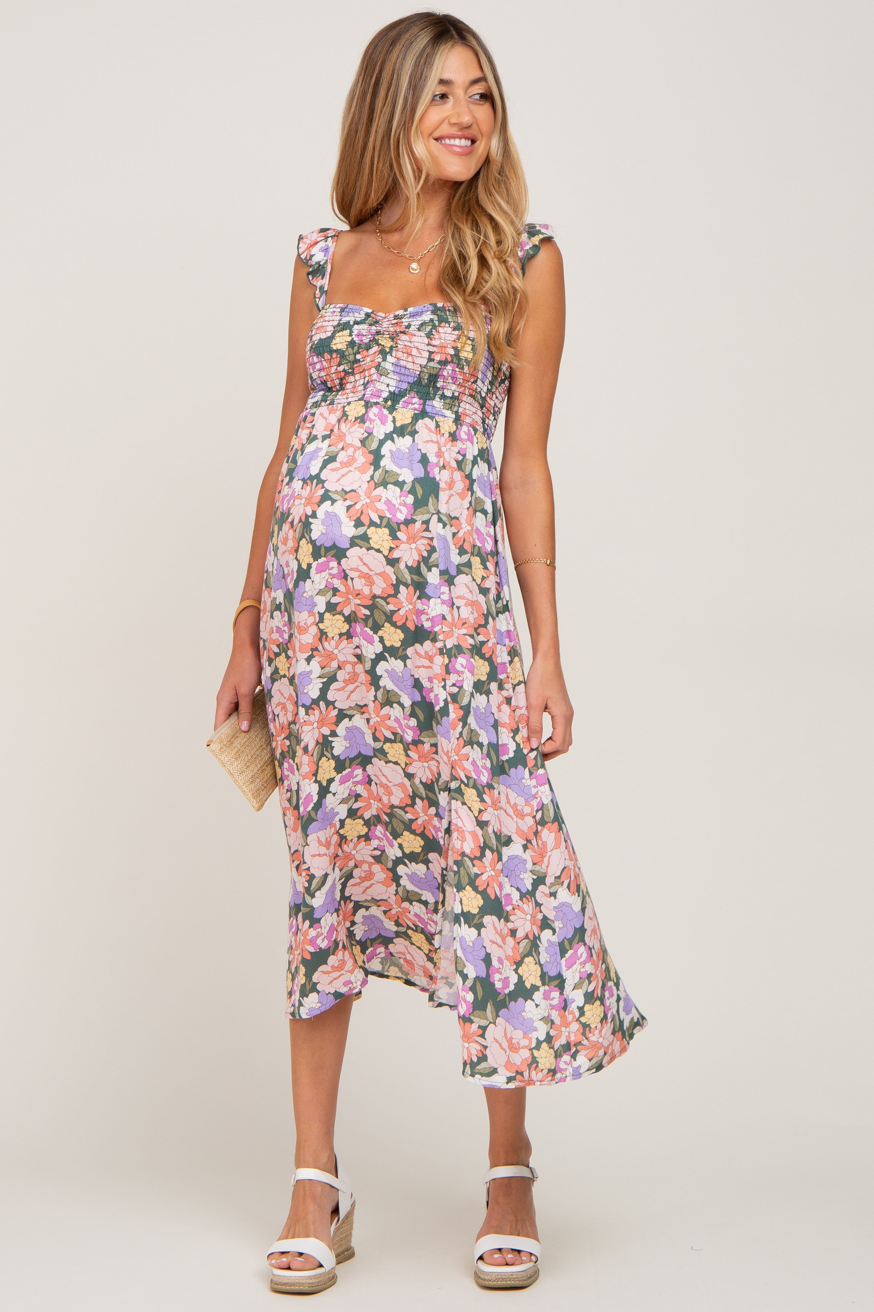 Forest Green Multi-Colored Floral Smocked Maternity Midi Dress sold by Pinkblush product image thumbnail 4