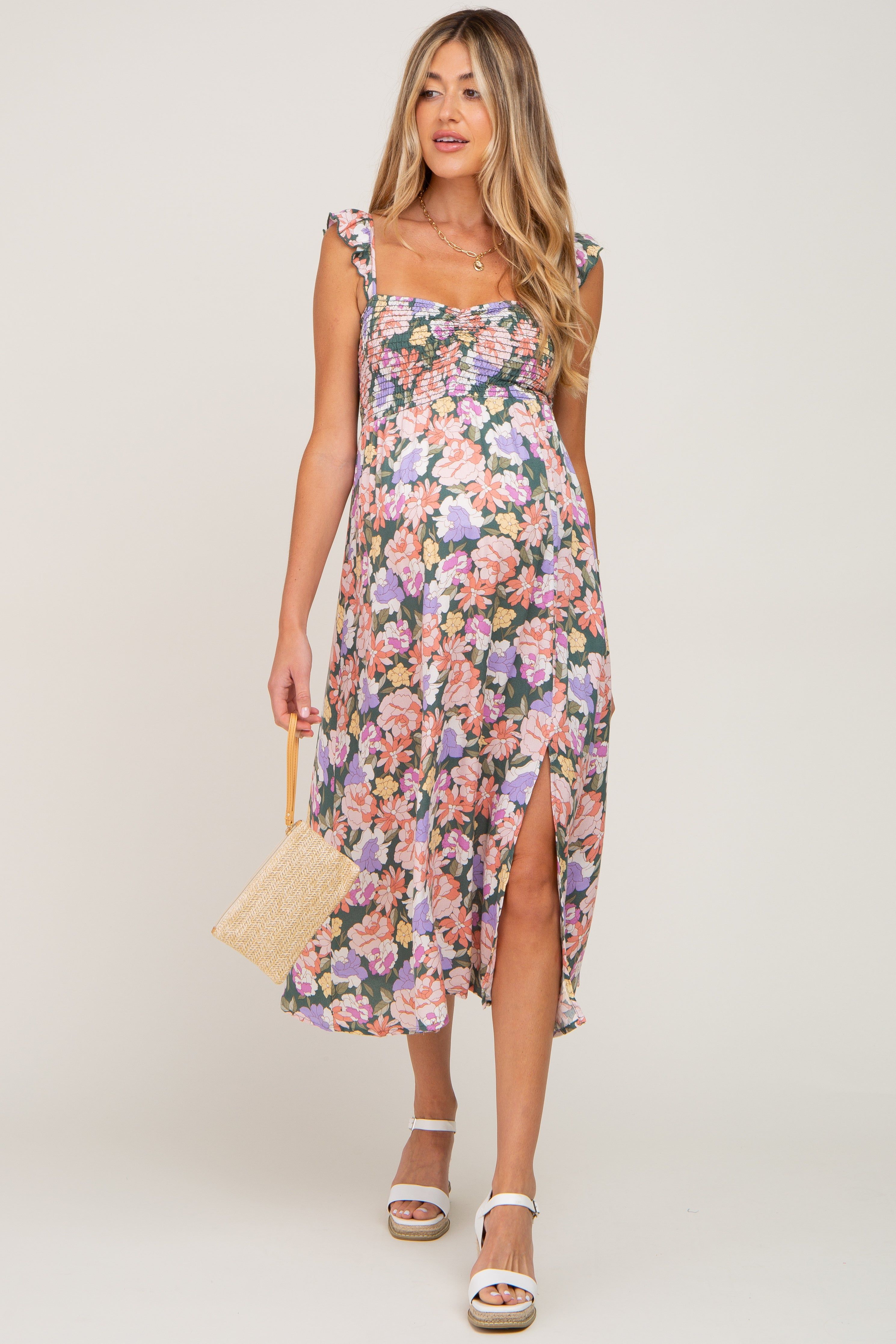 Forest Green Multi-Colored Floral Smocked Maternity Midi Dress sold by Pinkblush