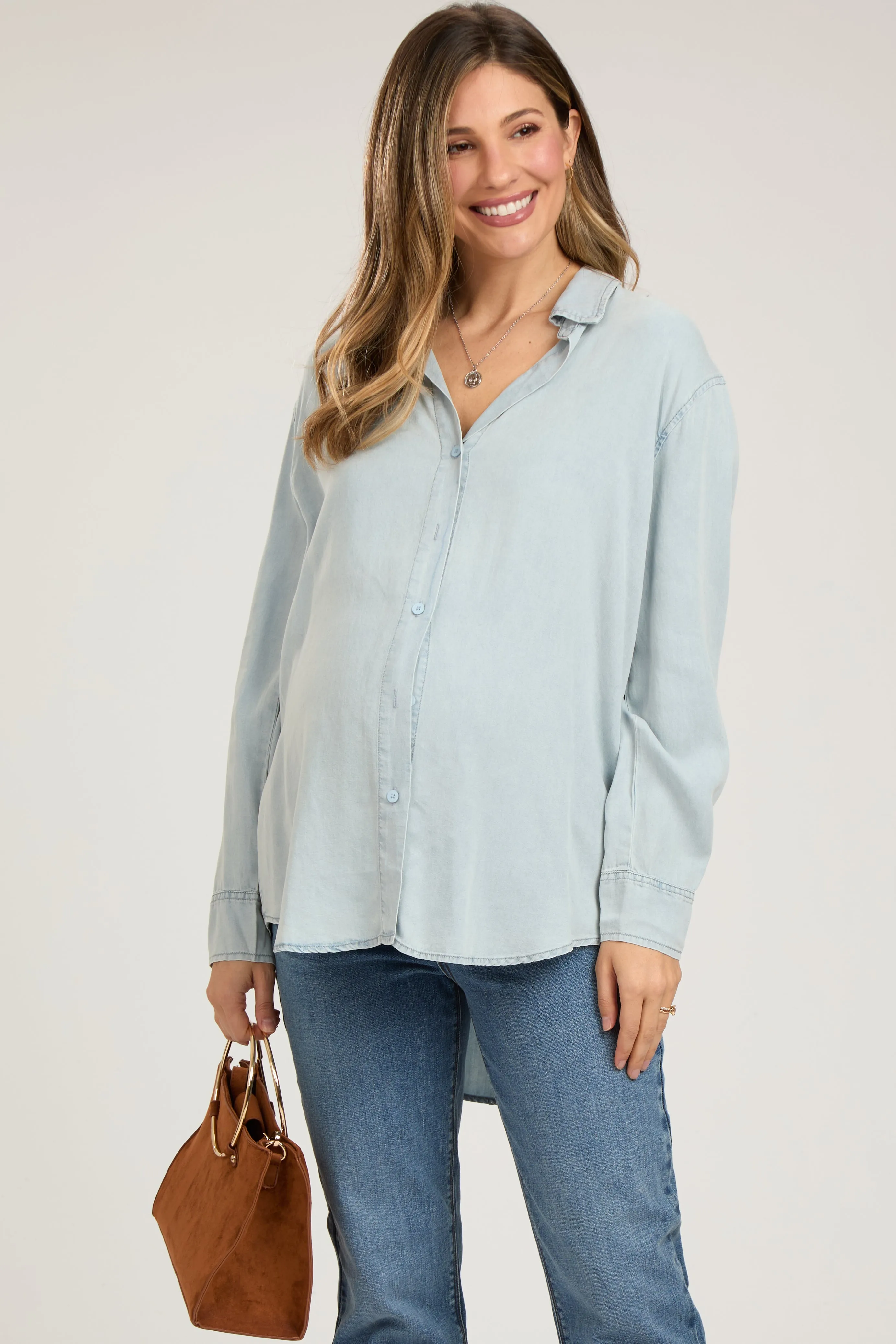 Light Blue Denim Button Up Maternity Top sold by Pinkblush