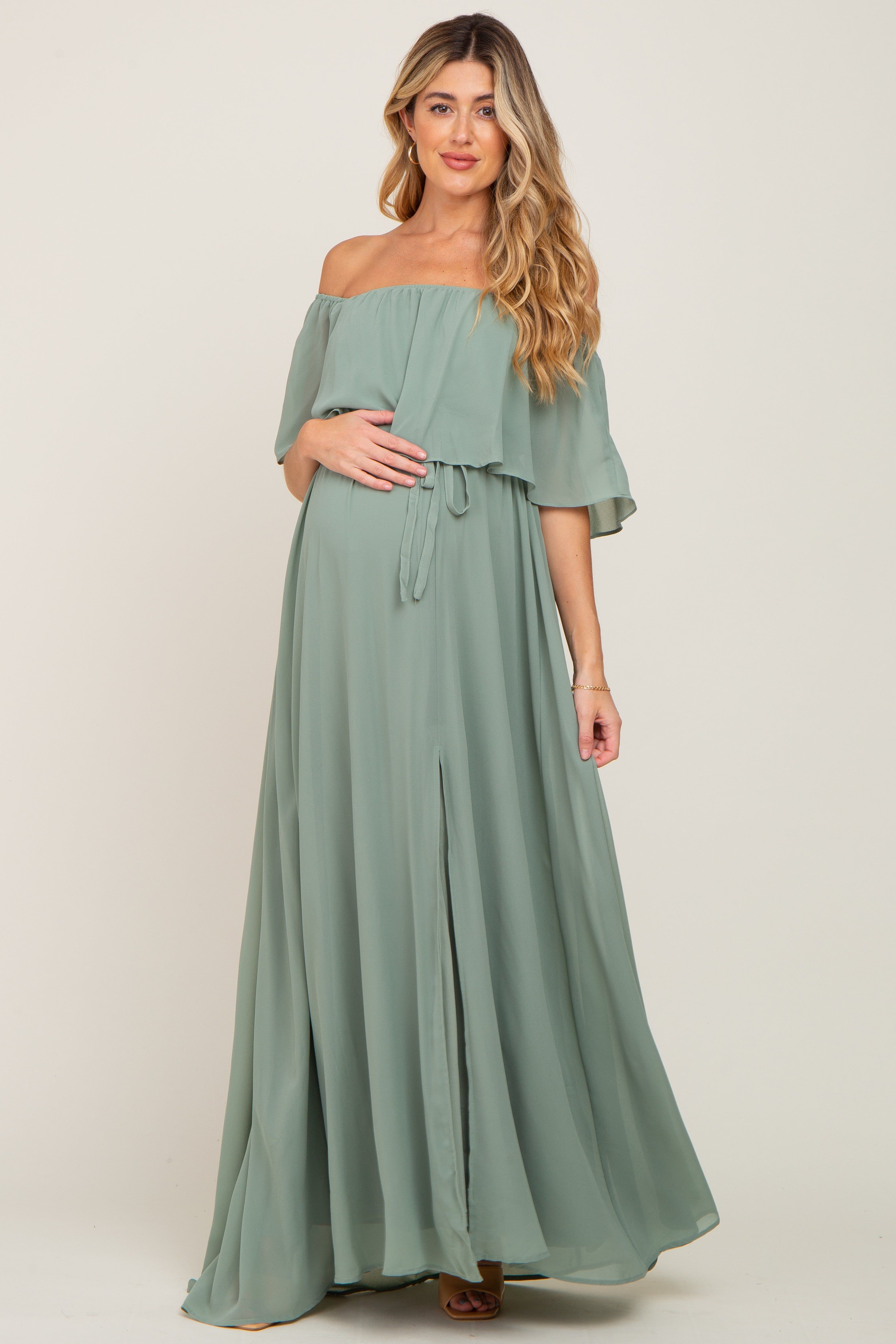 Light Olive Chiffon Off Shoulder Maternity Maxi Dress sold by Pinkblush