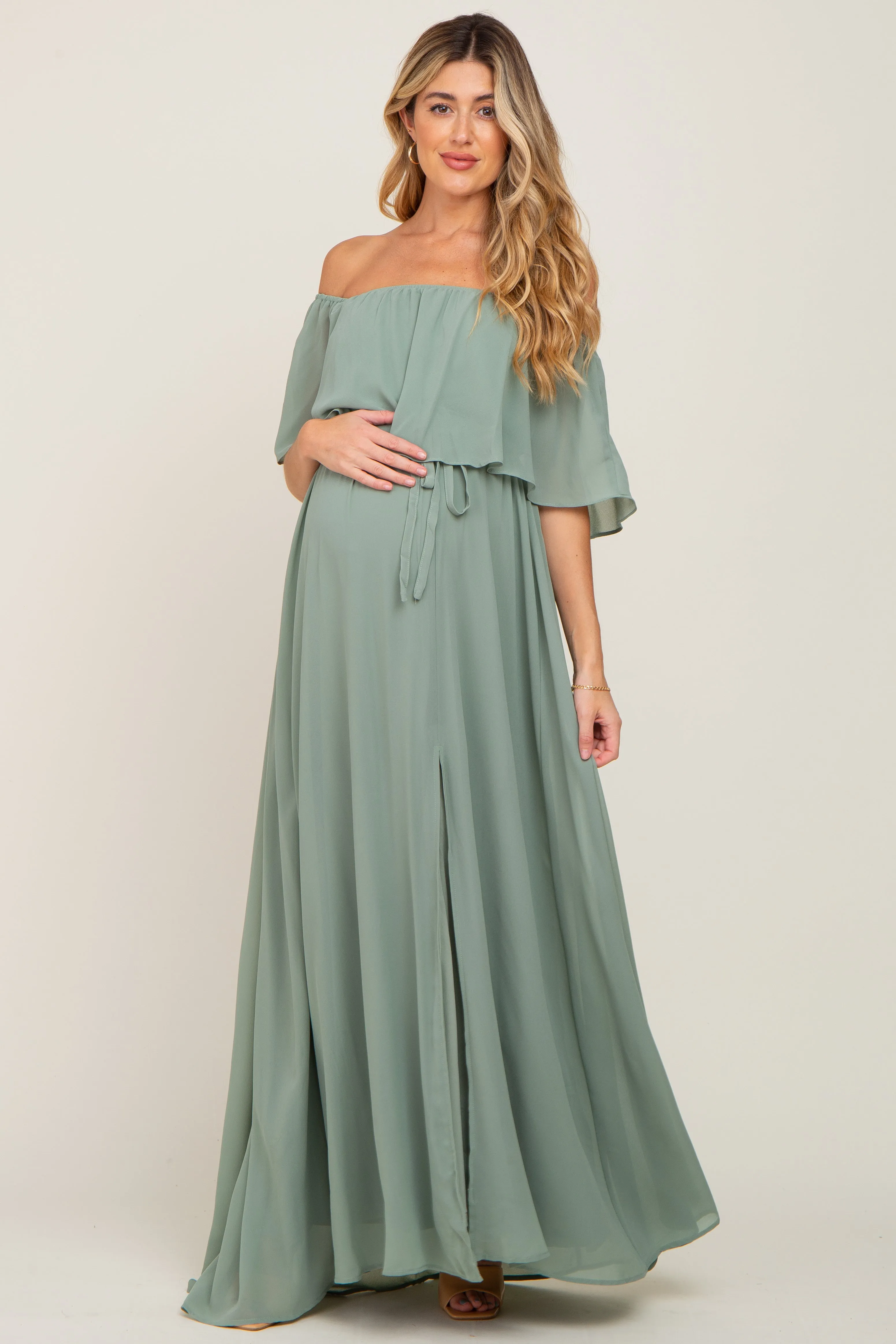 Light Olive Chiffon Off Shoulder Maternity Maxi Dress sold by Pinkblush