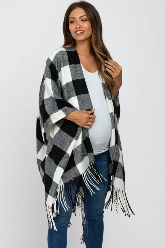 Ivory Plaid Fringe Maternity Poncho sold by Pinkblush