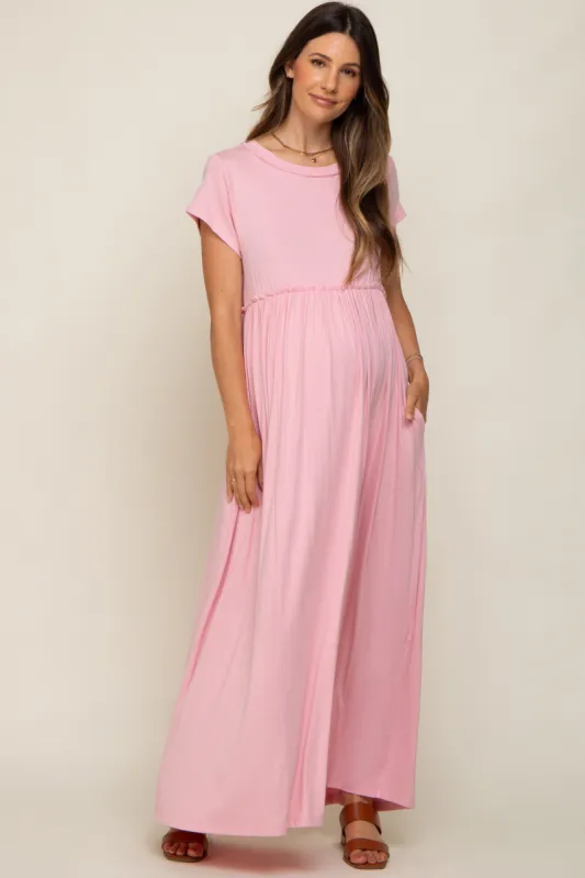 Light Pink Short Sleeve Pocketed Maternity Maxi Dress sold by Pinkblush