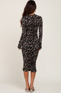 Black Printed Long Sleeve Ruched Dress sold by Pinkblush