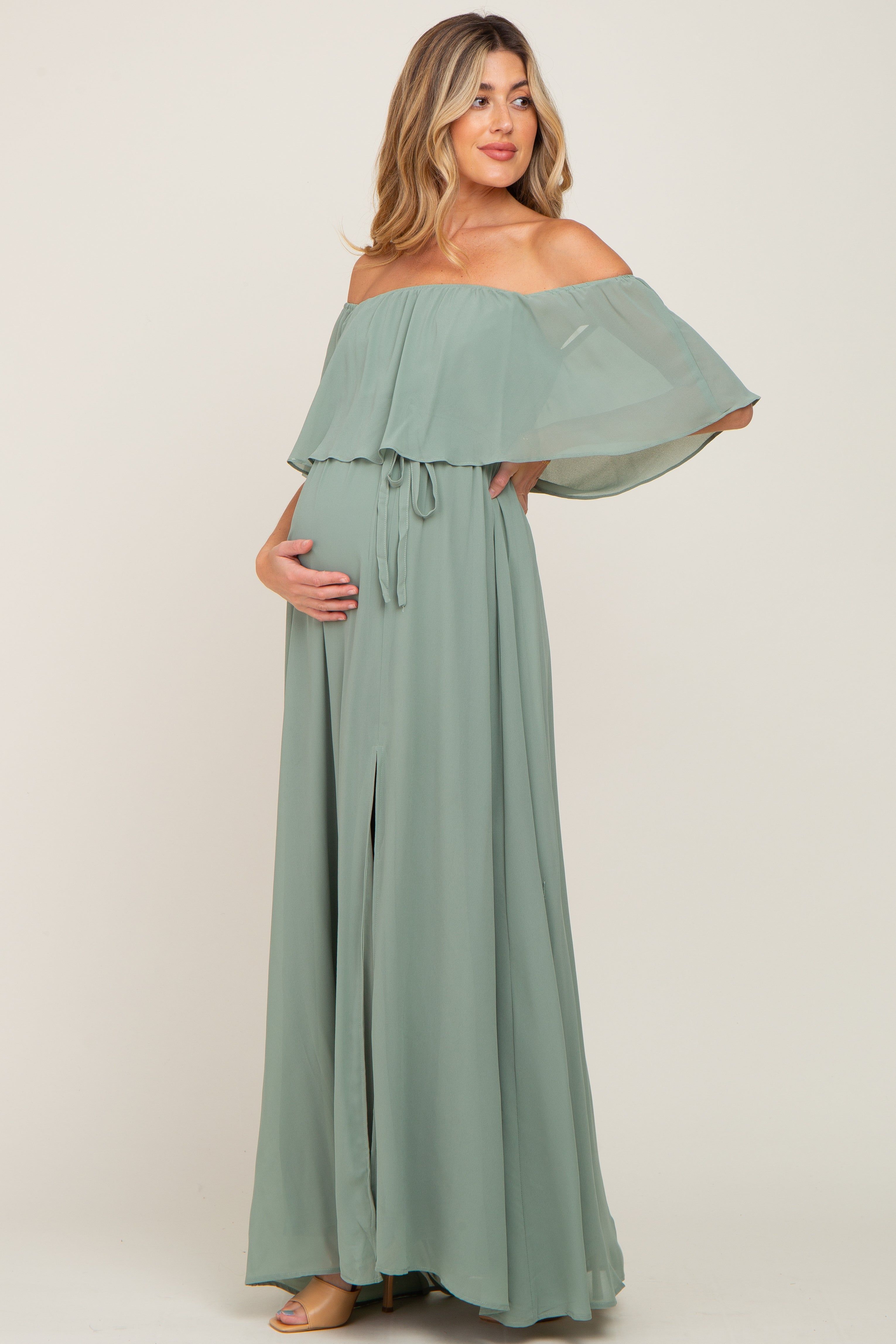 Light Olive Chiffon Off Shoulder Maternity Maxi Dress sold by Pinkblush product image thumbnail 2