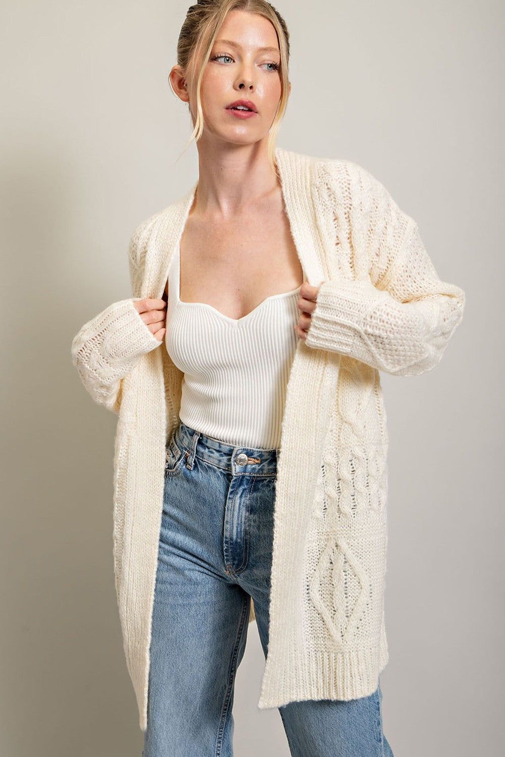 Cream Cable Knit Cardigan sold by Pinkblush