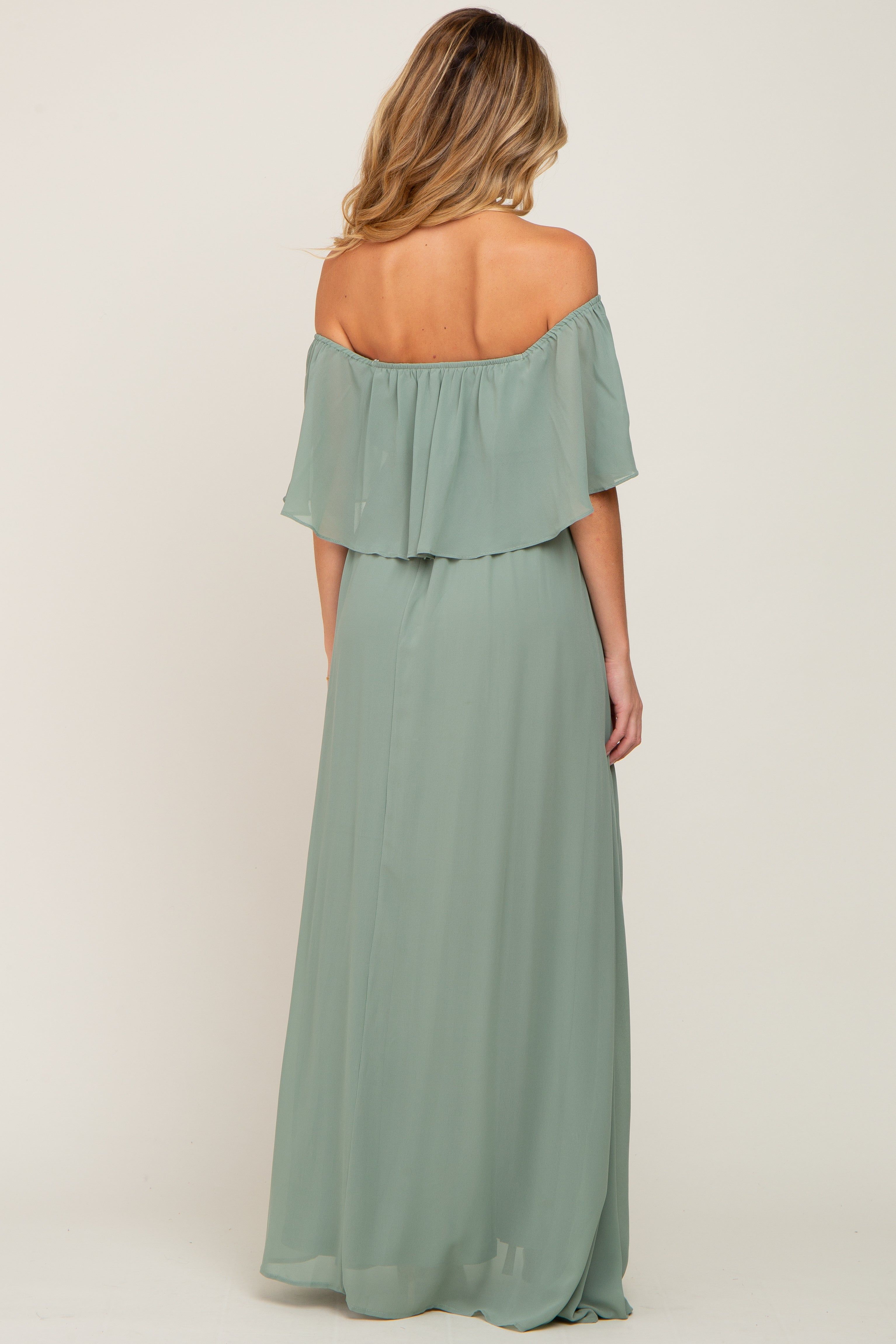 Light Olive Chiffon Off Shoulder Maternity Maxi Dress sold by Pinkblush product image thumbnail 3