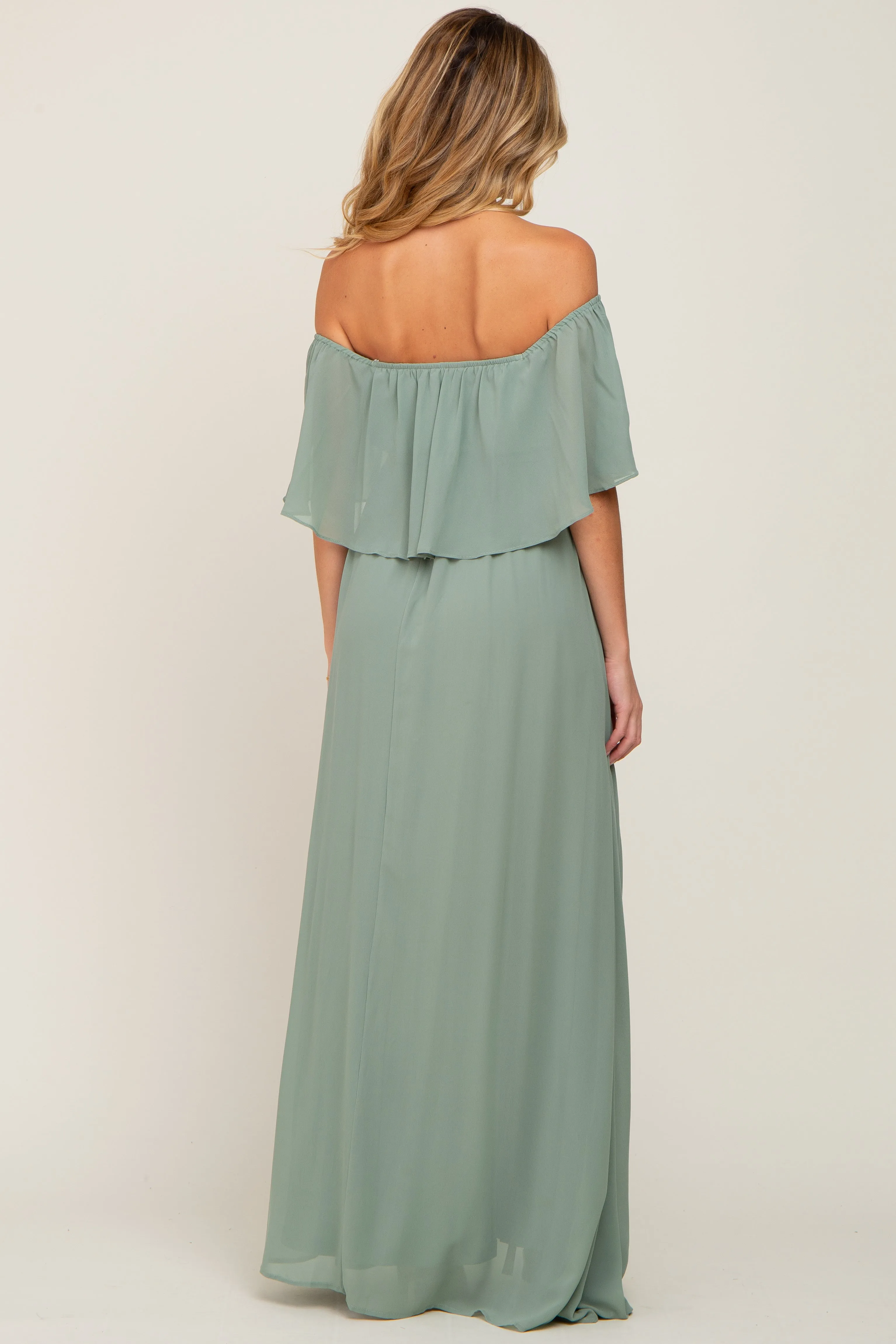 Light Olive Chiffon Off Shoulder Maternity Maxi Dress sold by Pinkblush product image thumbnail 3