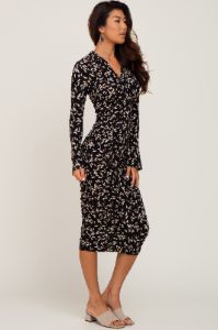 Black Printed Long Sleeve Ruched Dress sold by Pinkblush