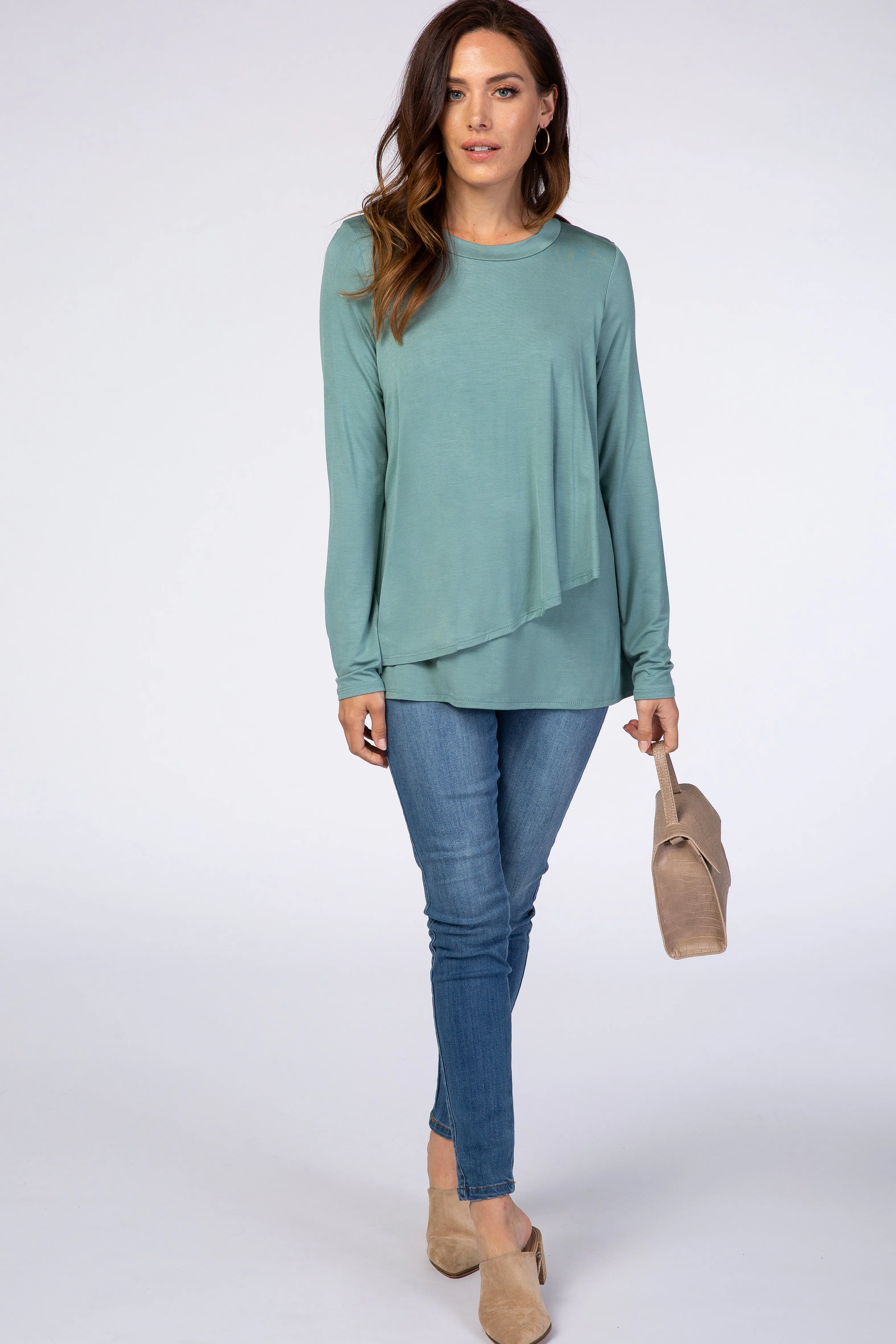 PinkBlush Light Olive Solid Layered Front Long Sleeve Nursing Top sold by Pinkblush product image thumbnail 2