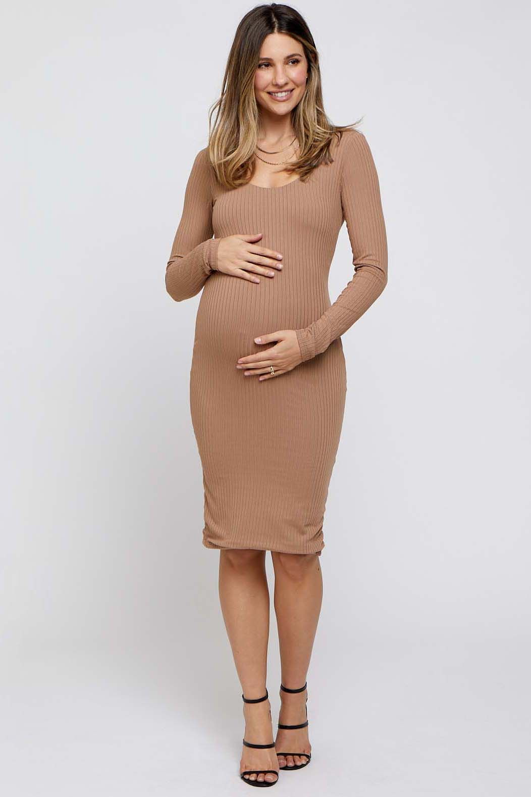 Taupe Ribbed Long Sleeve Maternity Dress sold by Pinkblush product image thumbnail 2
