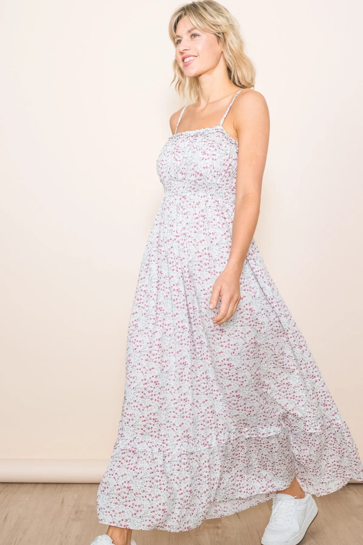 Cream Floral Ruffle Square Neck Smocked Waist Maxi Dress sold by Pinkblush product image thumbnail 4