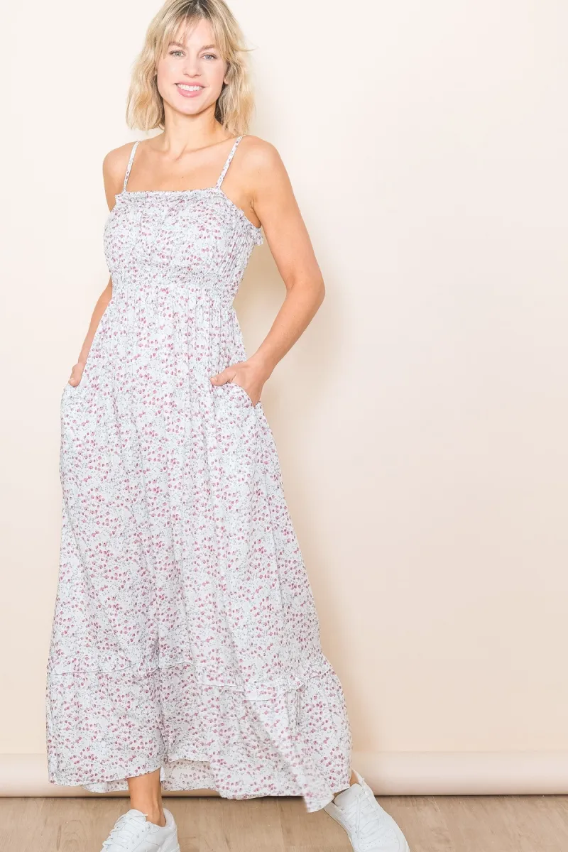 Cream Floral Ruffle Square Neck Smocked Waist Maxi Dress | Parallel