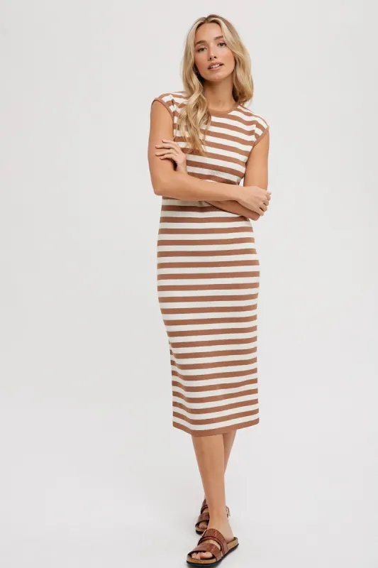 Mocha Striped Sleeveless Midi Dress sold by Pinkblush