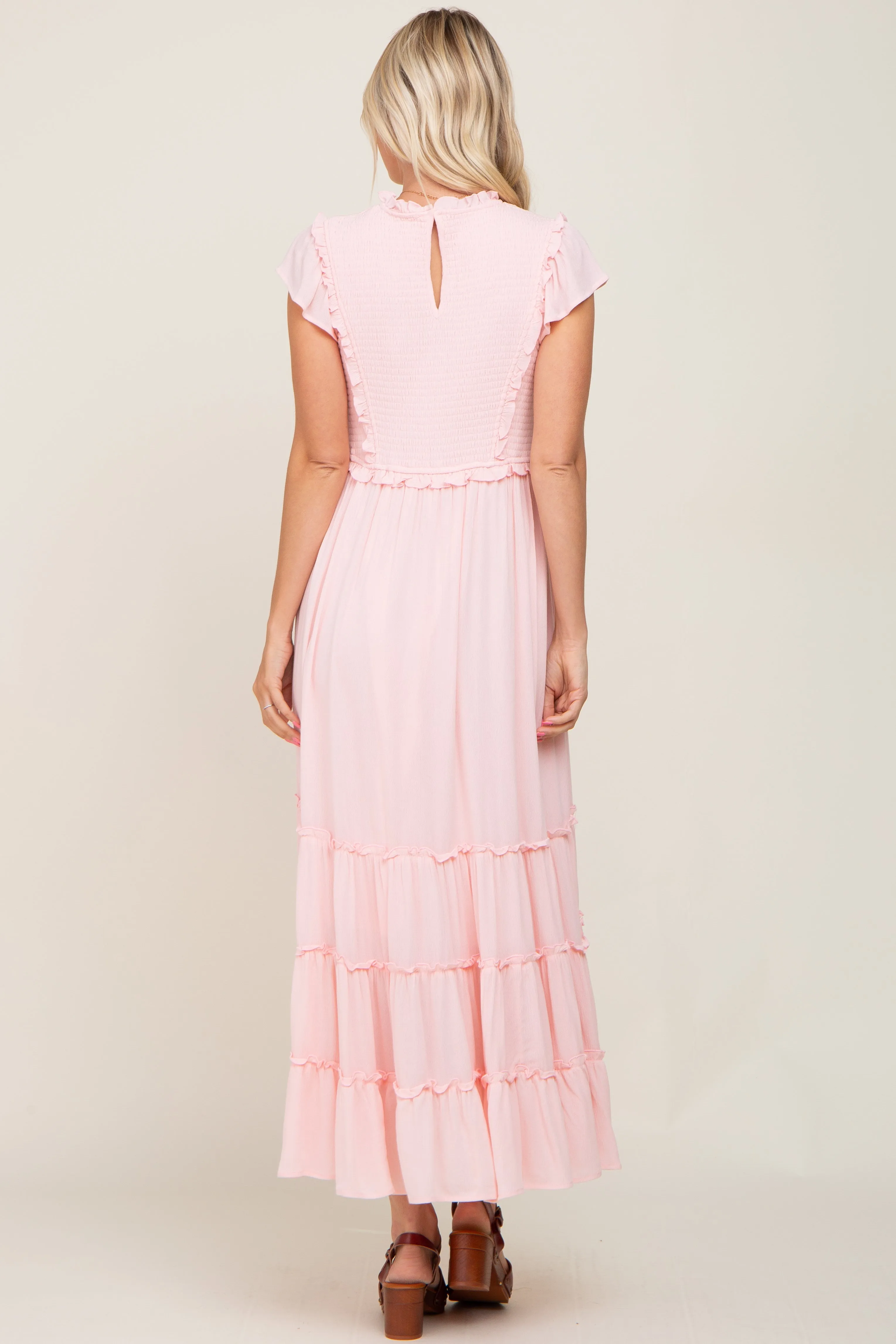 Light Pink Smocked Ruffle Accent Tiered Maxi Dress sold by Pinkblush product image thumbnail 3