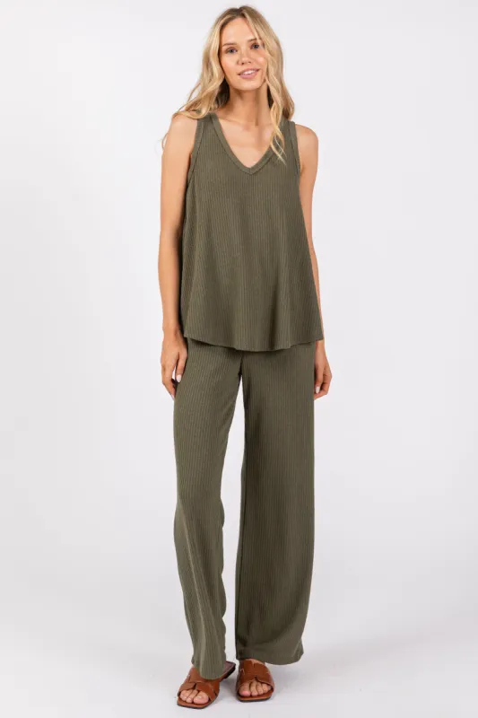 Olive Rib Knit Tank and Pant Set sold by Pinkblush