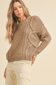 Taupe Mixed Braided Cable Knit Sweater sold by Pinkblush