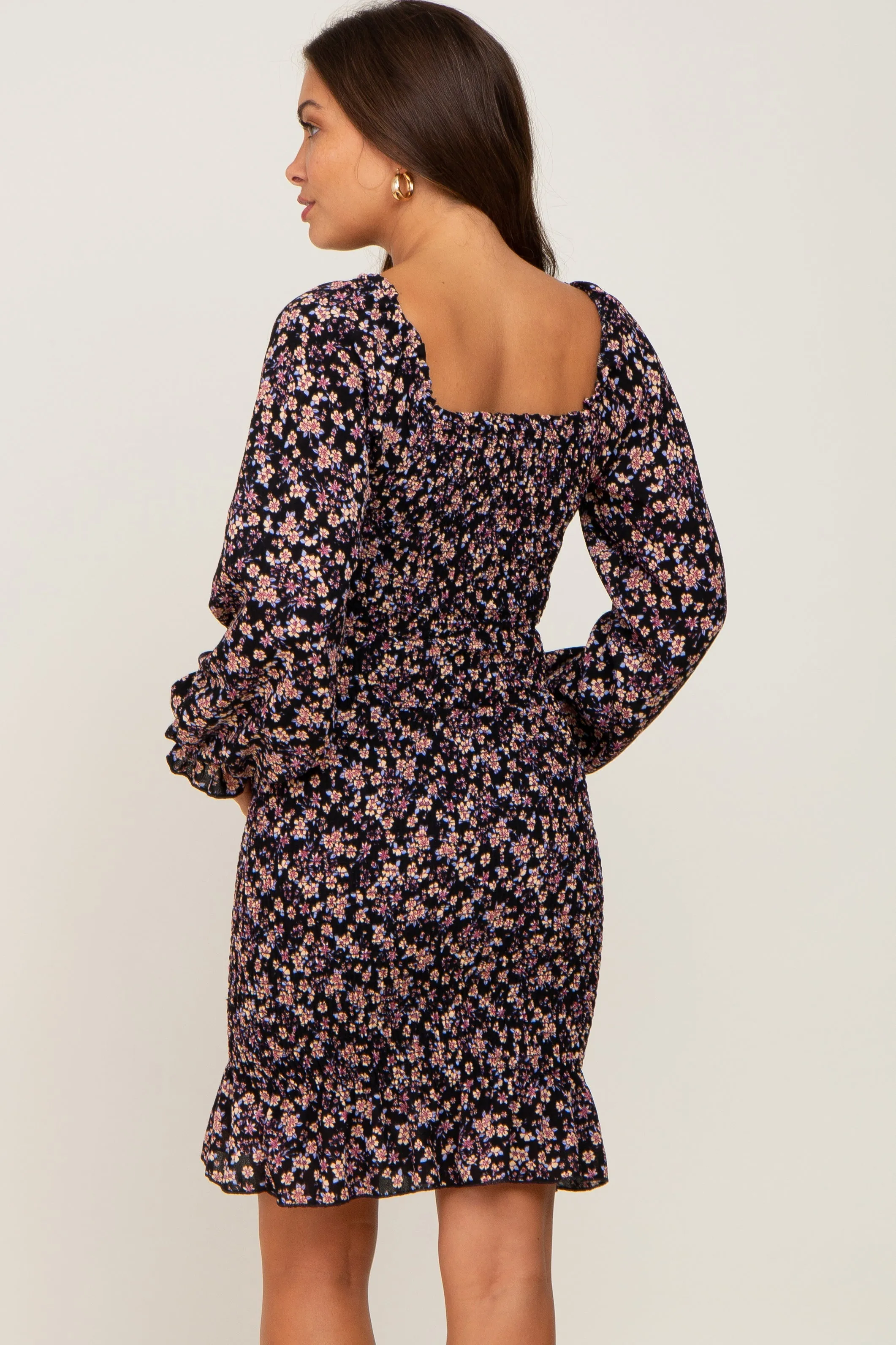 Black Floral Print Long Sleeve Smocked Maternity Dress sold by Pinkblush product image thumbnail 3