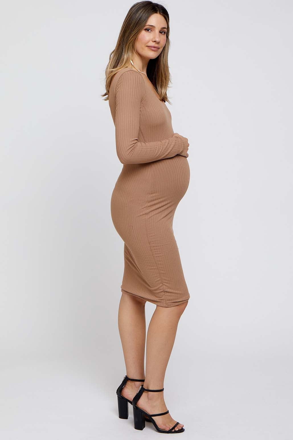 Taupe Ribbed Long Sleeve Maternity Dress sold by Pinkblush product image thumbnail 3