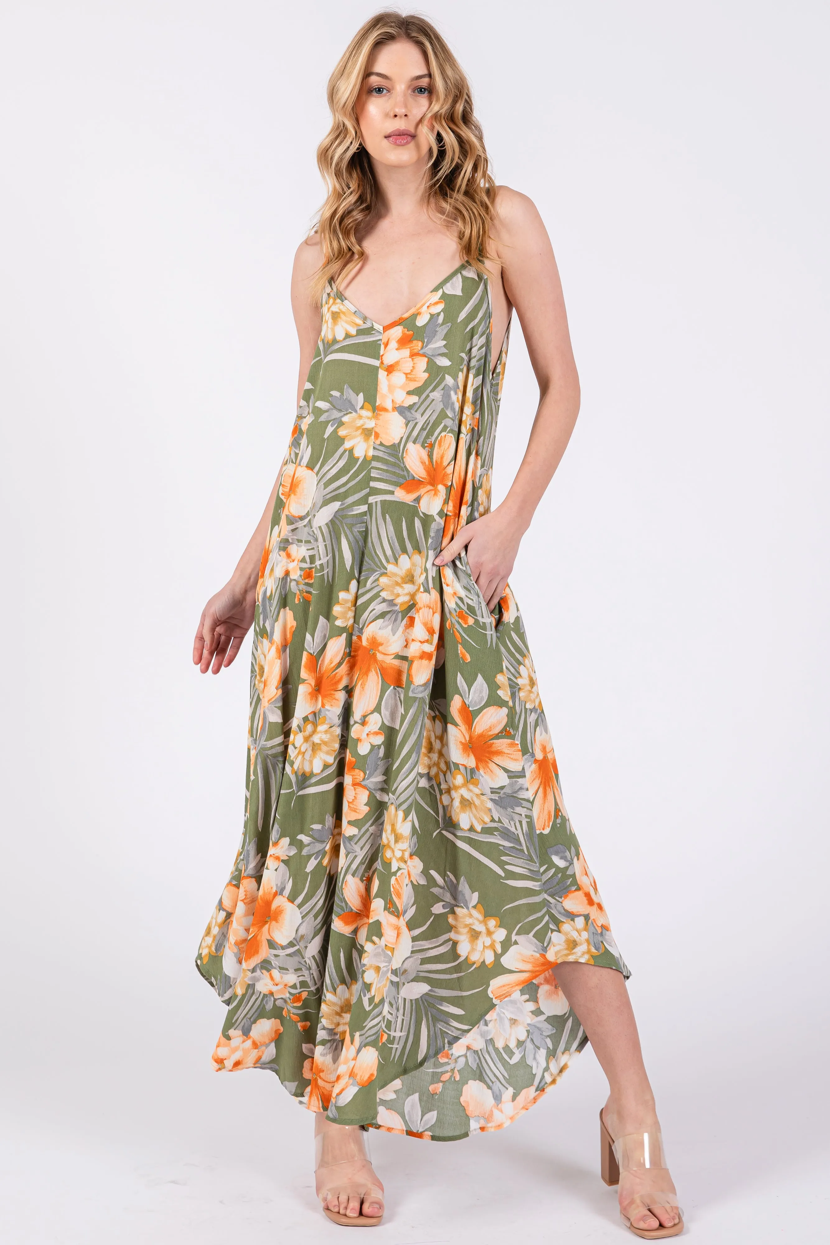 Light Olive Floral Cross Back Midi Dress sold by Pinkblush