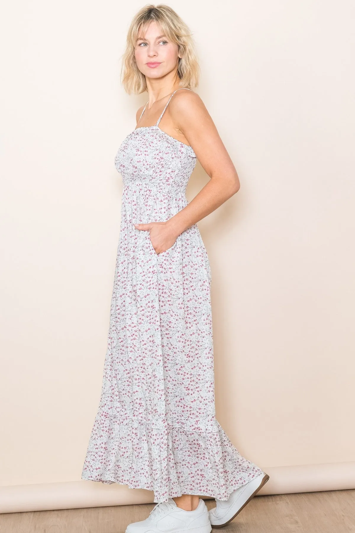 Cream Floral Ruffle Square Neck Smocked Waist Maxi Dress sold by Pinkblush product image thumbnail 2