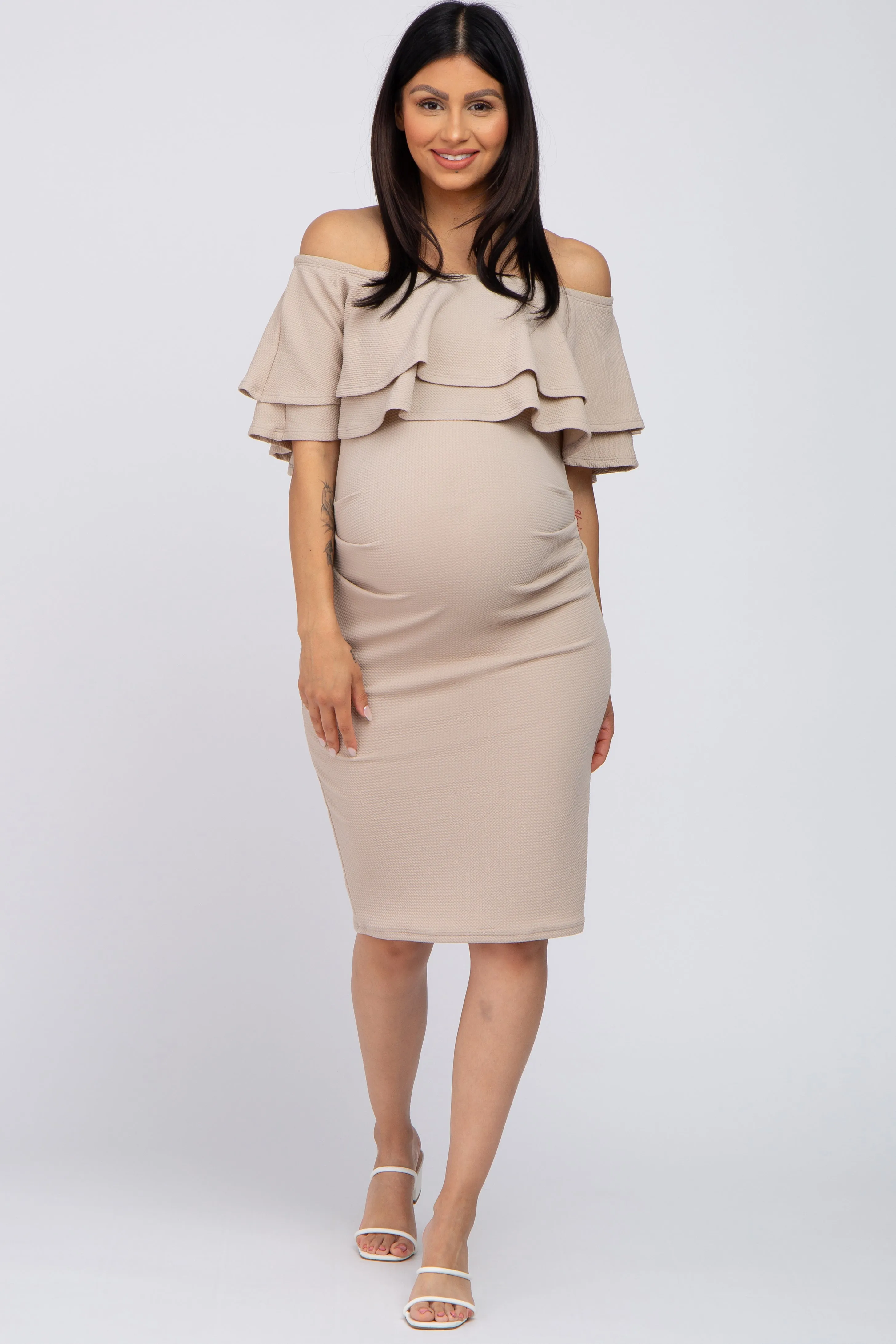 Beige Ruffle Off Shoulder Ruched Maternity Dress sold by Pinkblush