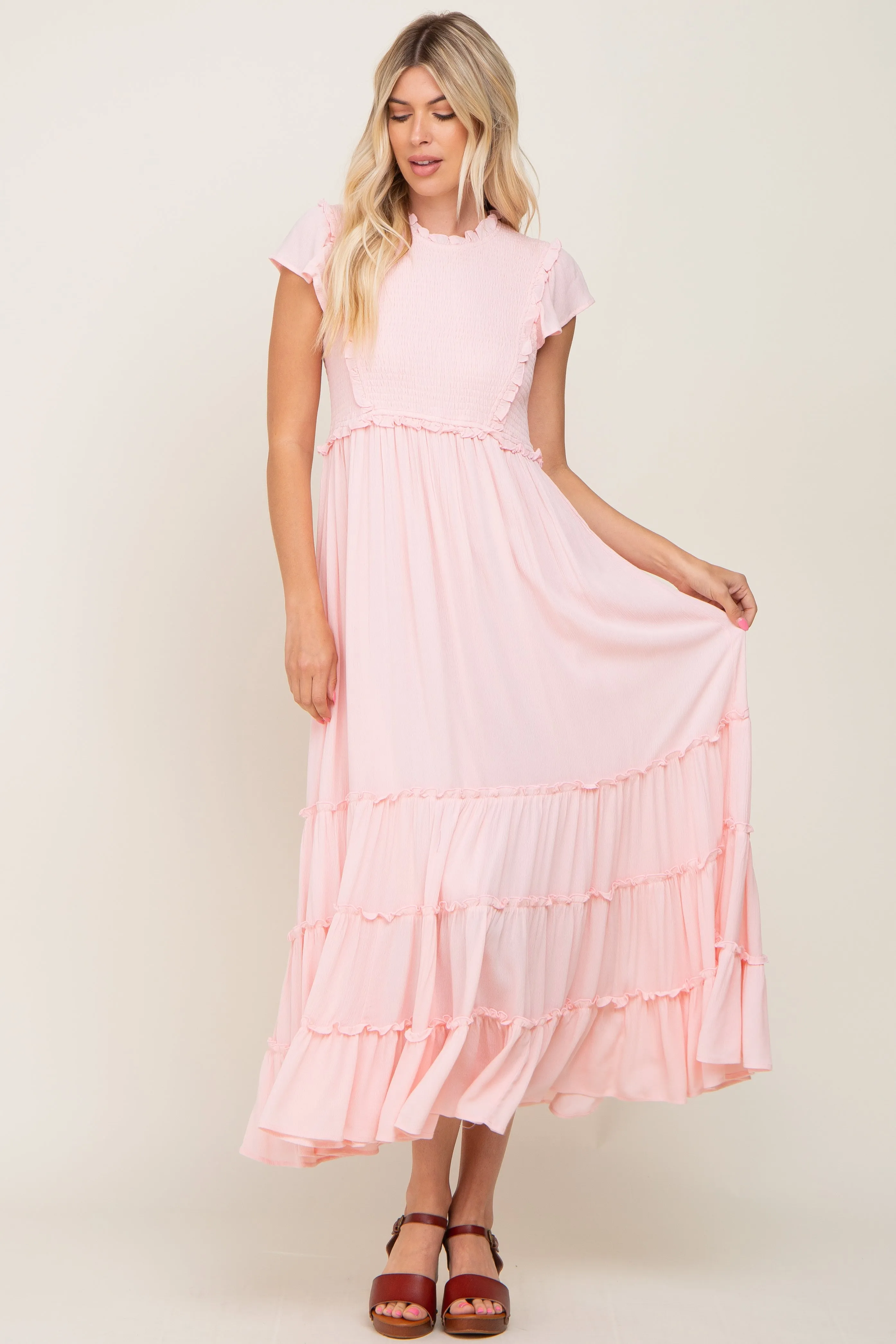 Light Pink Smocked Ruffle Accent Tiered Maxi Dress sold by Pinkblush product image thumbnail 4