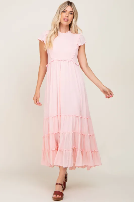 Light Pink Smocked Ruffle Accent Tiered Maxi Dress sold by Pinkblush