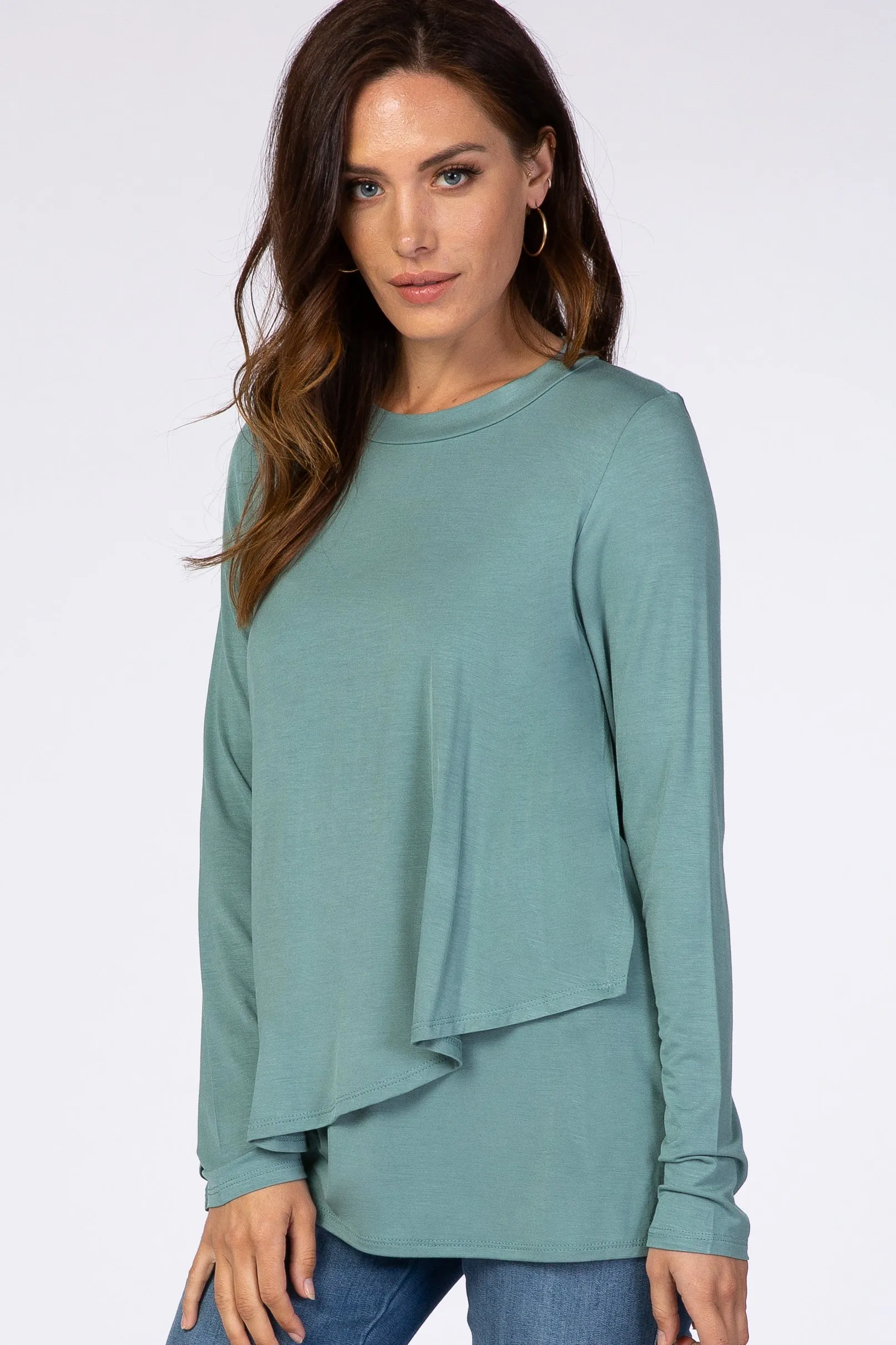 PinkBlush Light Olive Solid Layered Front Long Sleeve Nursing Top sold by Pinkblush