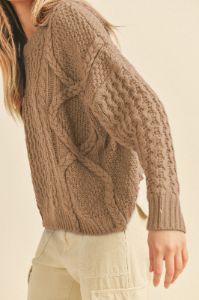 Taupe Mixed Braided Cable Knit Sweater sold by Pinkblush