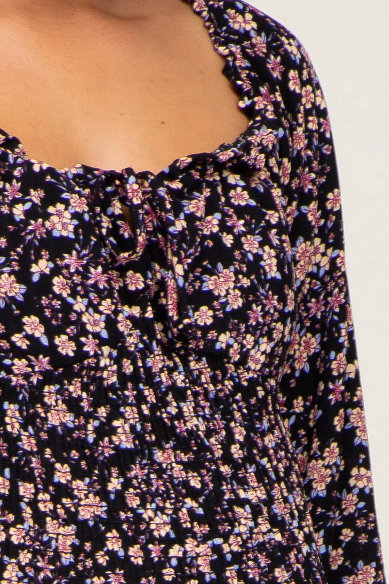 Black Floral Print Long Sleeve Smocked Maternity Dress sold by Pinkblush product image thumbnail 4